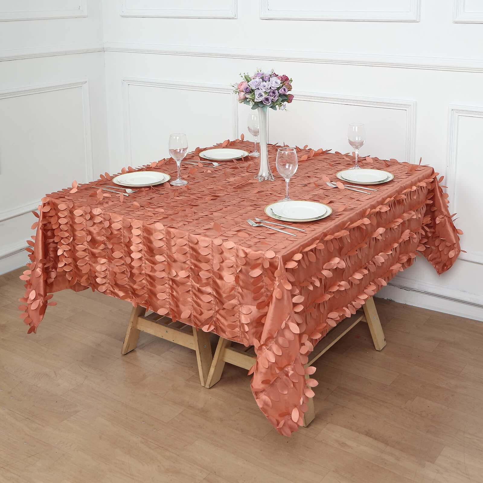 Taffeta 72x72 Table Overlay Square Tablecloth Terracotta (Rust) - 3D Leaf Petal Table Cover