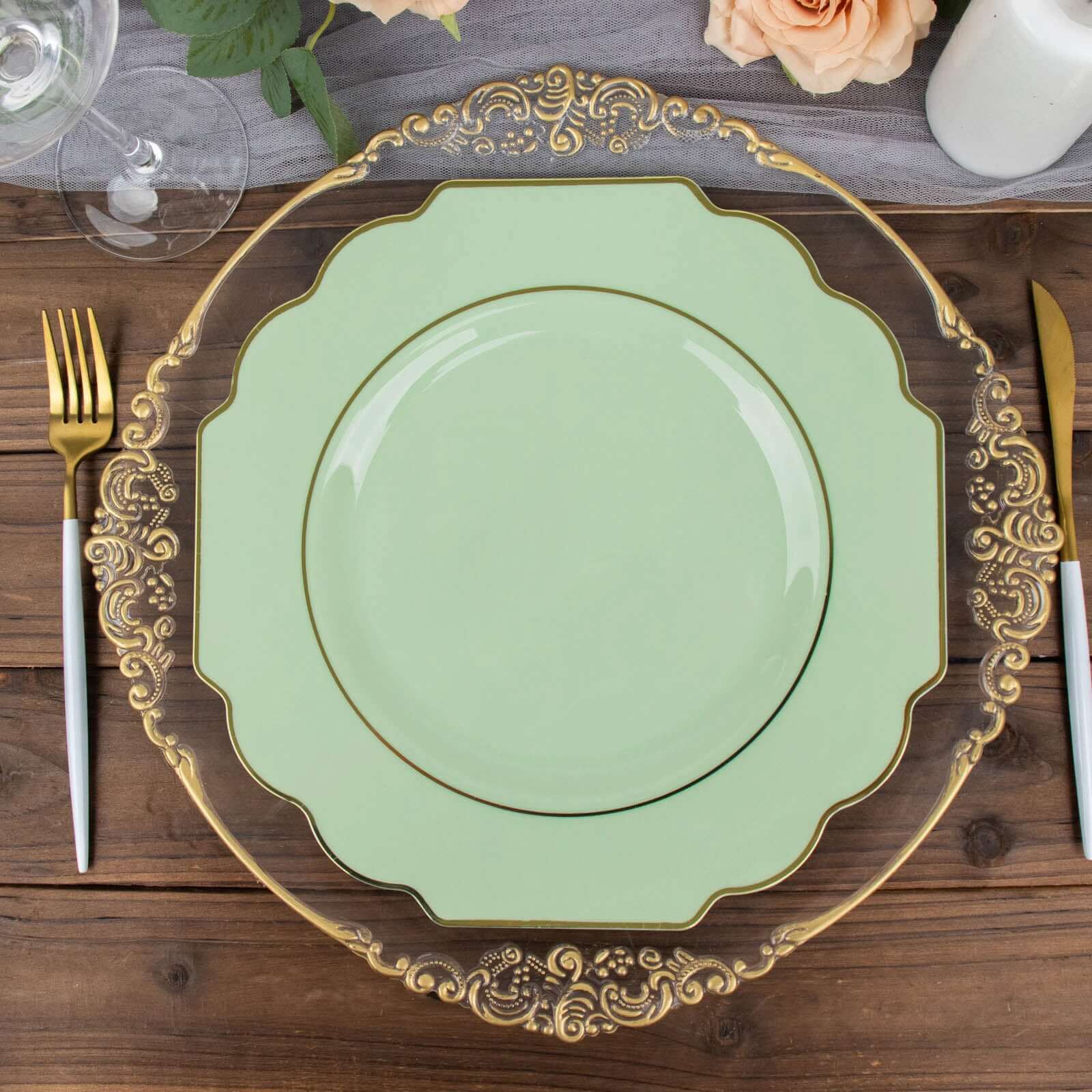 10-Pack Plastic Dinner Plates in Sage Green Baroque Design with Scalloped Gold Rim - Heavy Duty Disposable Party Plates 11