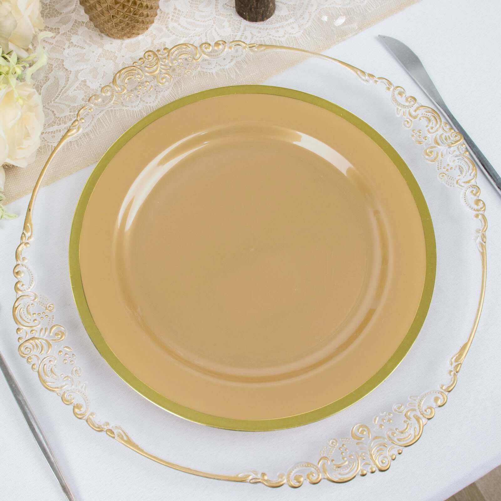 10-Pack Plastic 10 Round Dinner Plates in Gold with Gold Rim - Disposable Party Plates for Classy Banquets & Special Occasions