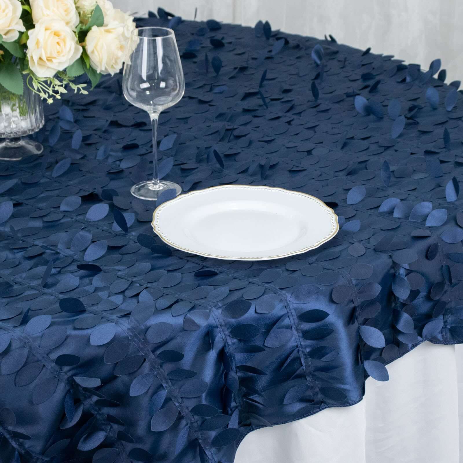 Taffeta 72x72 Table Overlay Square Tablecloth Navy Blue - 3D Leaf Petal Table Cover