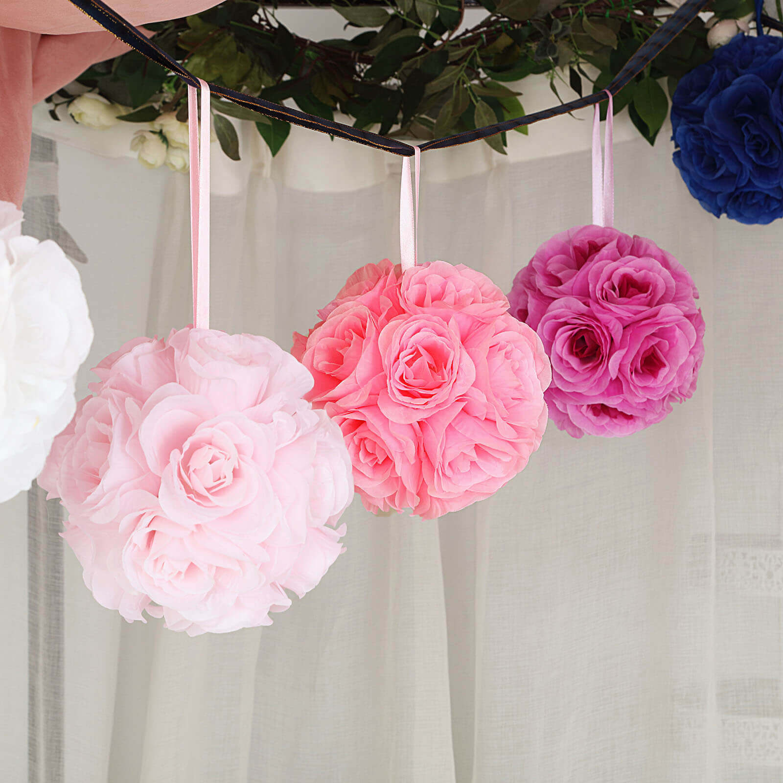 2 Pack 7 Pink Artificial Silk Rose Kissing Ball, Faux Flower Ball