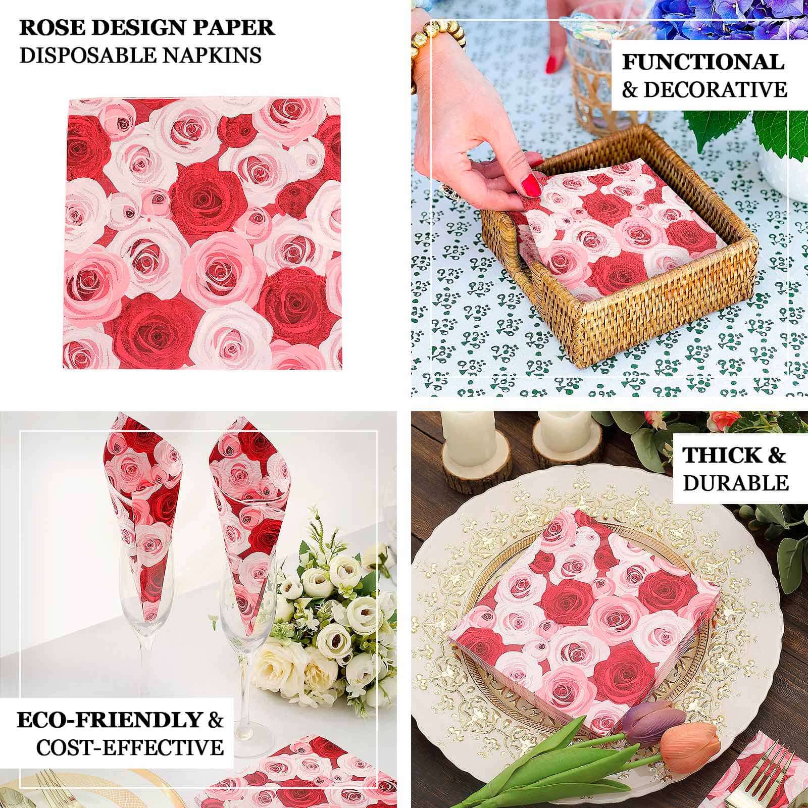 50-Pack Paper Beverage Napkins with Floral Design Red/Pink - 2 Ply Soft 18GSM Rose Garden Wedding Napkins 6.5x6.5