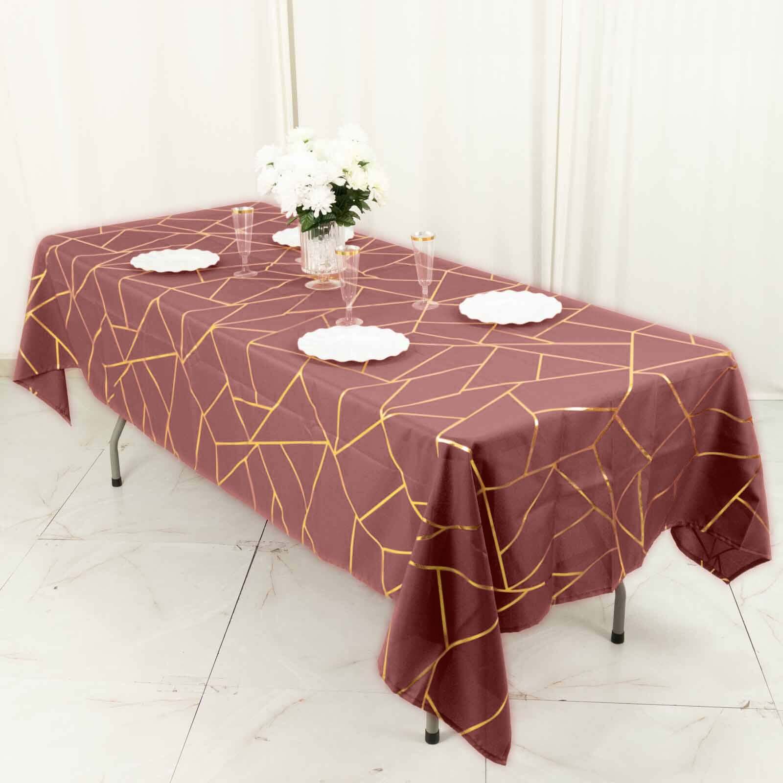 Polyester 60x102 Rectangle Tablecloth Cinnamon Rose with Gold Foil Geometric Pattern - Wrinkle-Resistant & Durable Table Cover