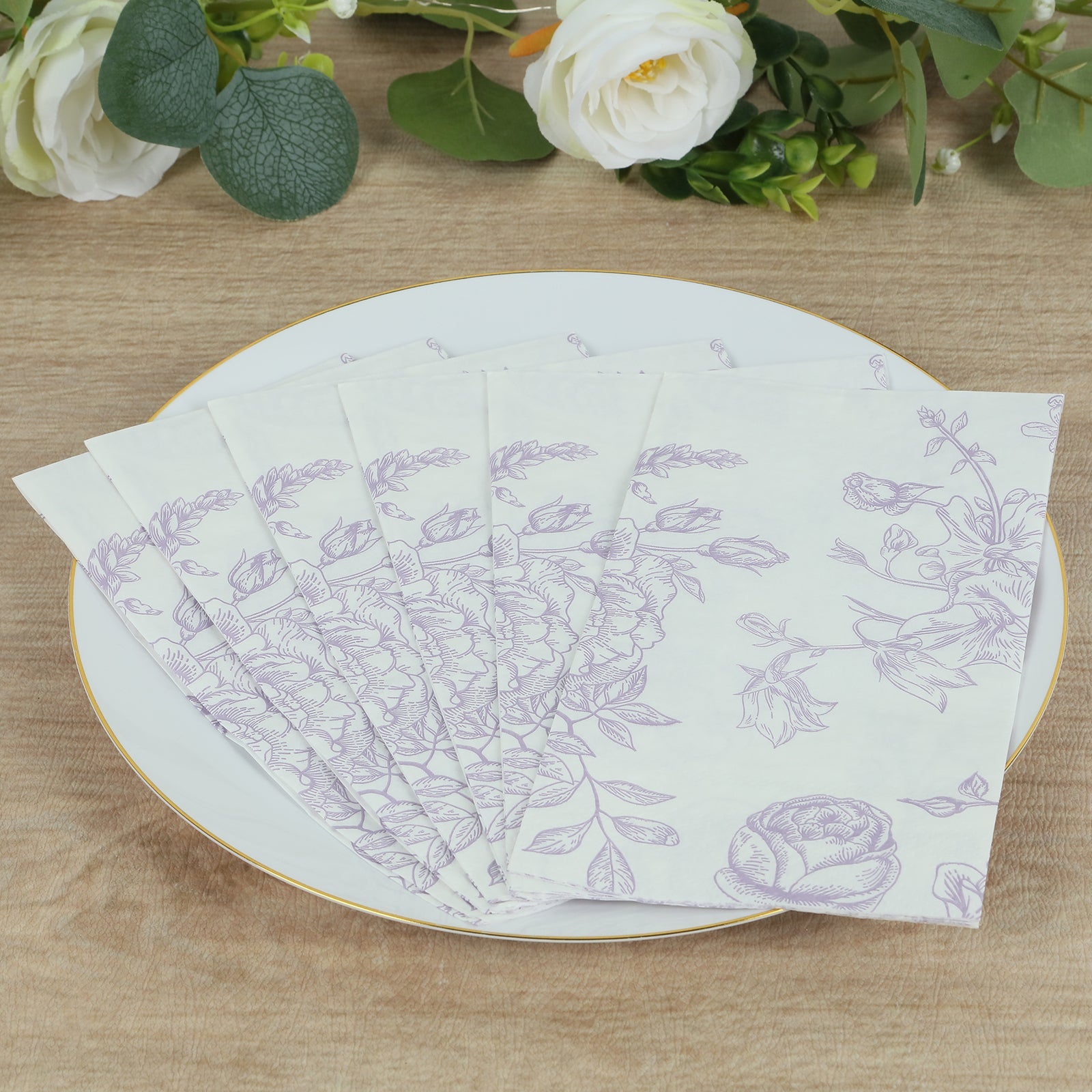 50 Pack 2-Ply Paper Party Napkins in French Toile Floral Pattern, Matte Lavender and White Highly Absorbent Soft Disposable Dinner Napkins