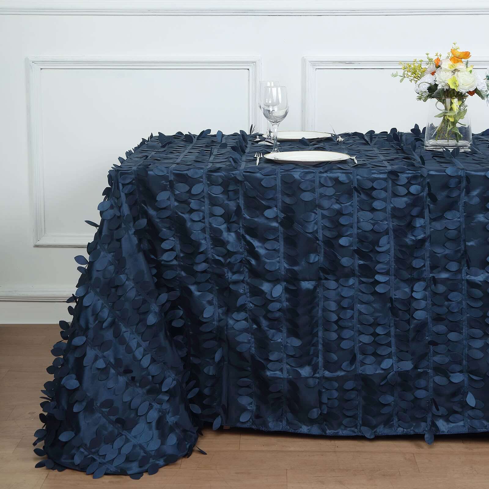 Taffeta 90x156 Rectangle Tablecloth Navy Blue | 3D Leaf Petal Design Seamless Table Cover