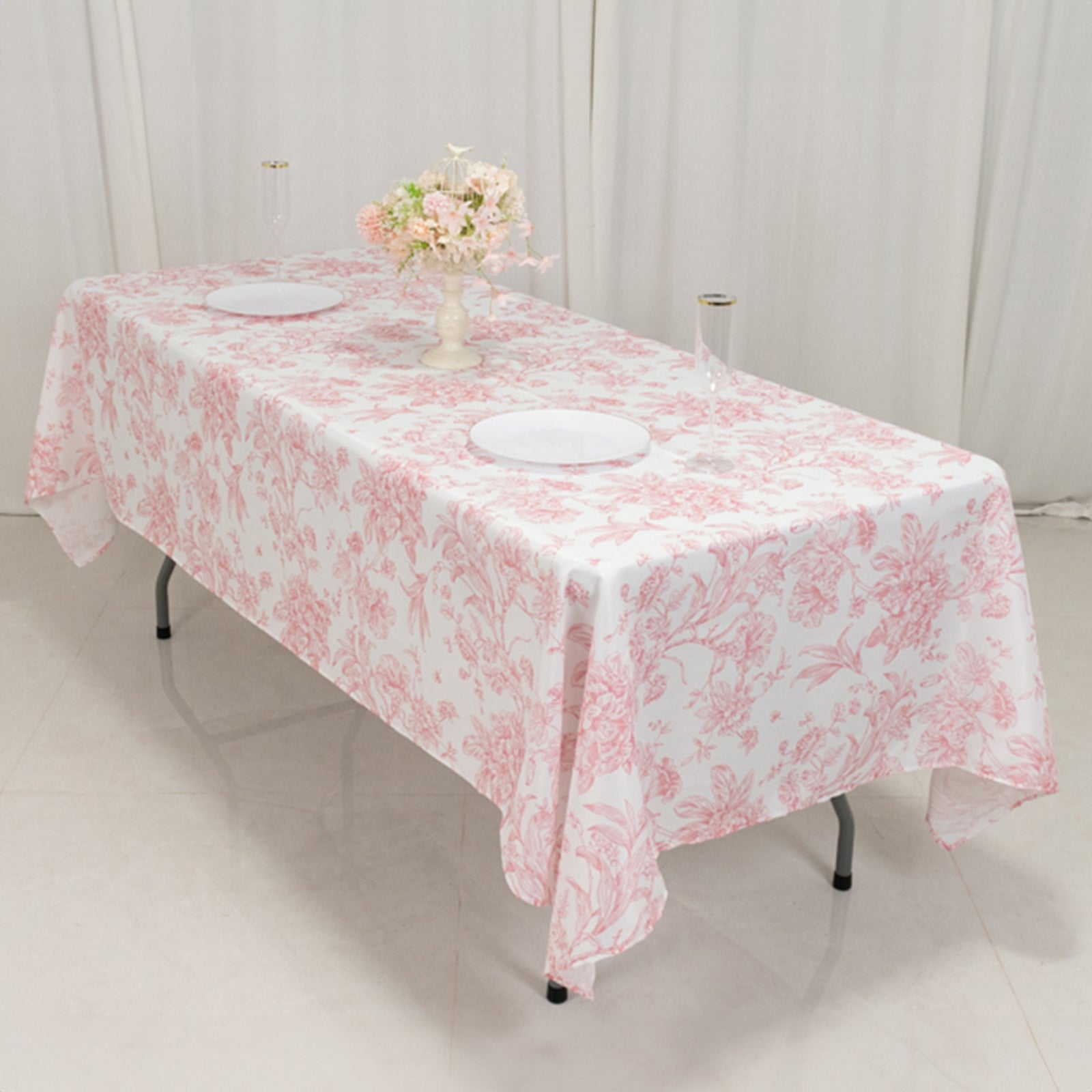 Polyester 60x102 Rectangle Tablecloth White - Pink French Toile Pattern for Modern Occasions