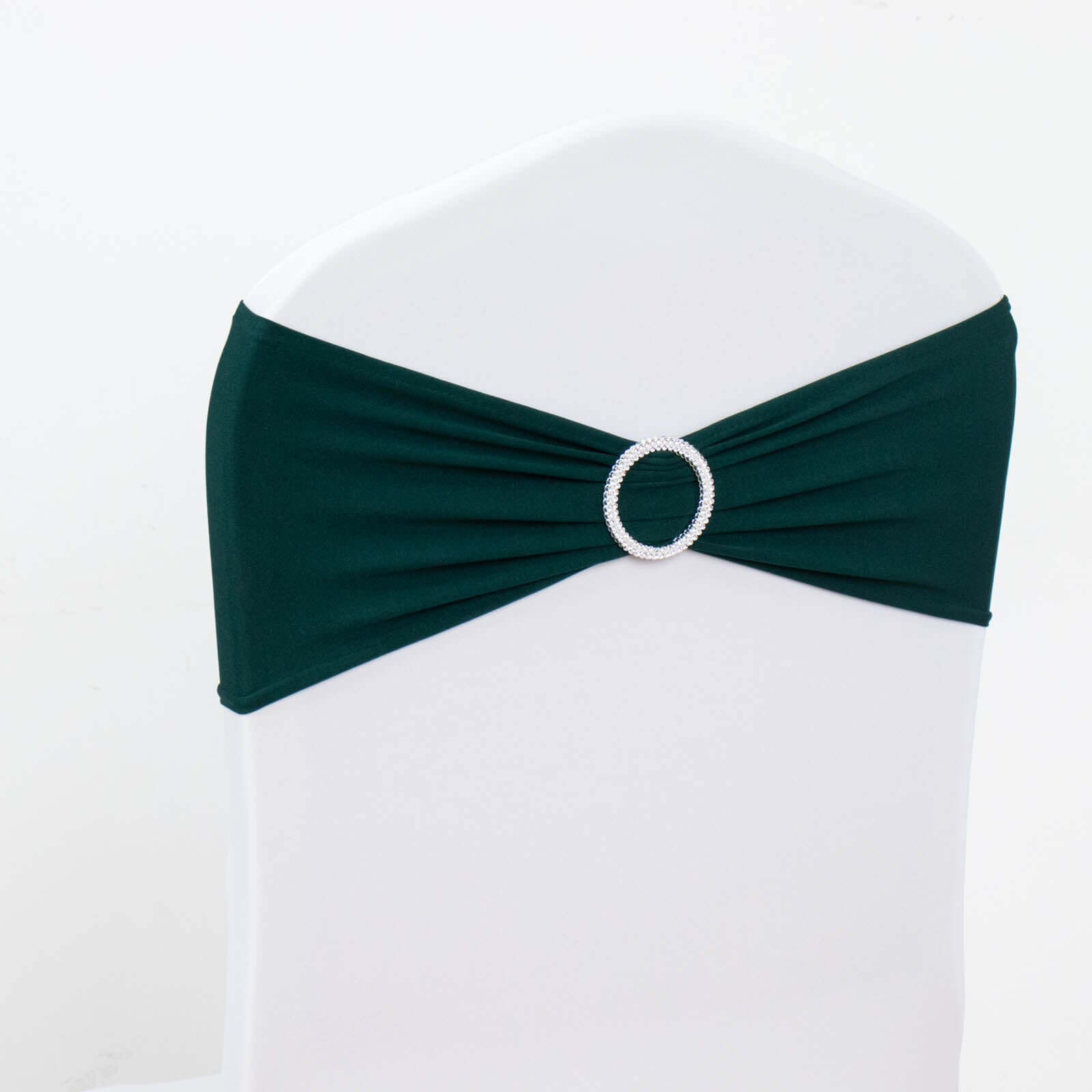 5 Pack Stretch Spandex Chair Sashes Hunter Emerald Green - Reusable Chair Bands with Silver Diamond Ring Slide Buckle 5x14