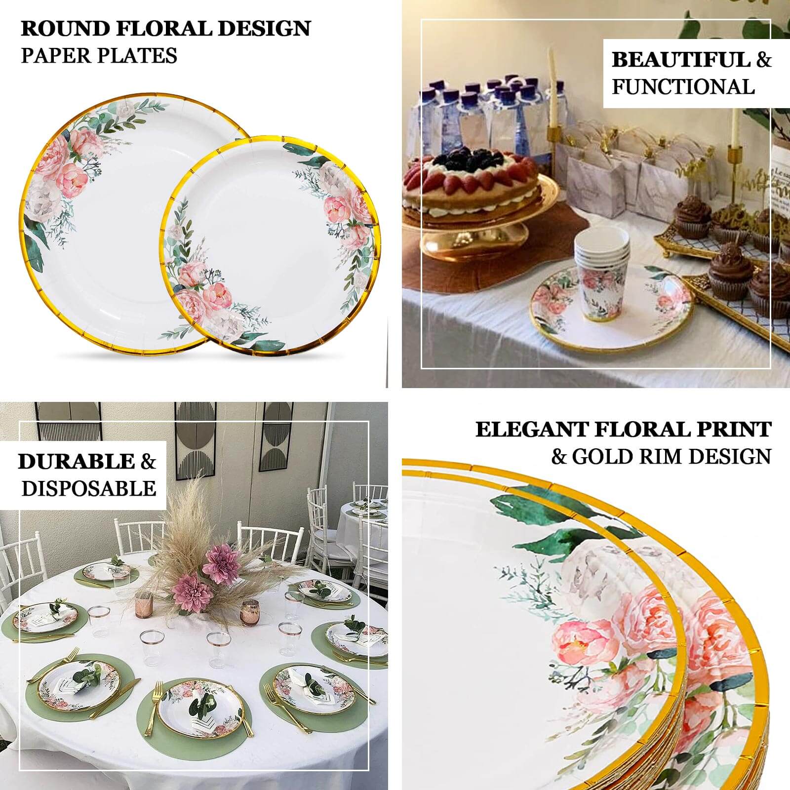 25-Pack Paper 9 Round Dinner Plates White with Peony Floral Design & Gold Rim - Disposable Floral Party Plates for Brunches & Afternoon Teas