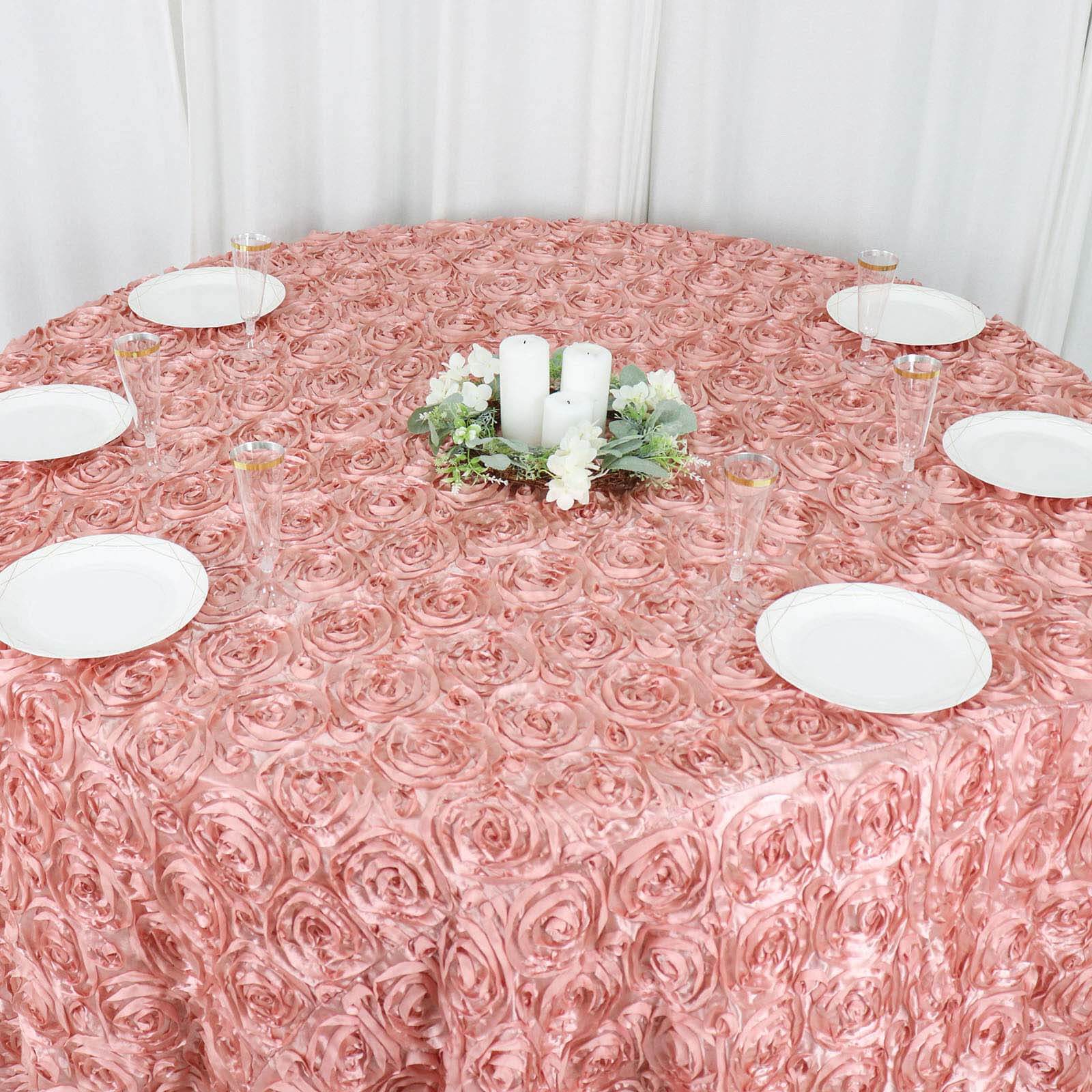 Satin 120 Round Tablecloth Dusty Rose - Grandiose 3D Rosette with Seamless Finish Table Cover