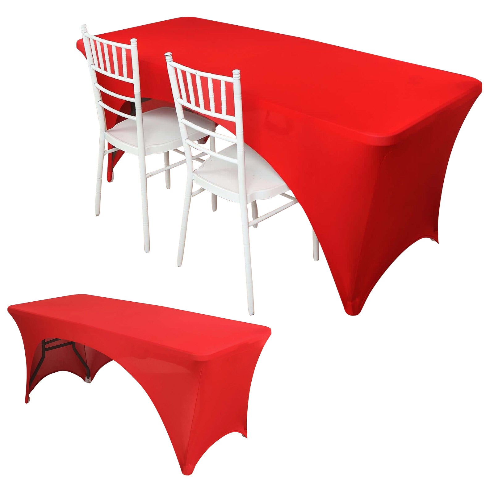 Stretch Spandex 96x30 Rectangle Table Cover Red with Curved Open Back Design Tailored Professional Look