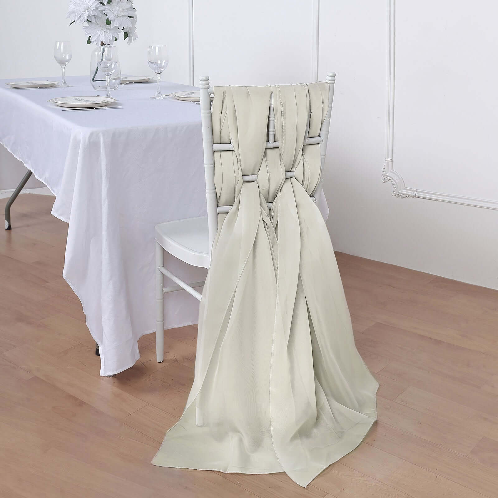 5 Pack Premium Chiffon Chair Sashes Beige - Soft & Lightweight Designer Chair Bows 22x78