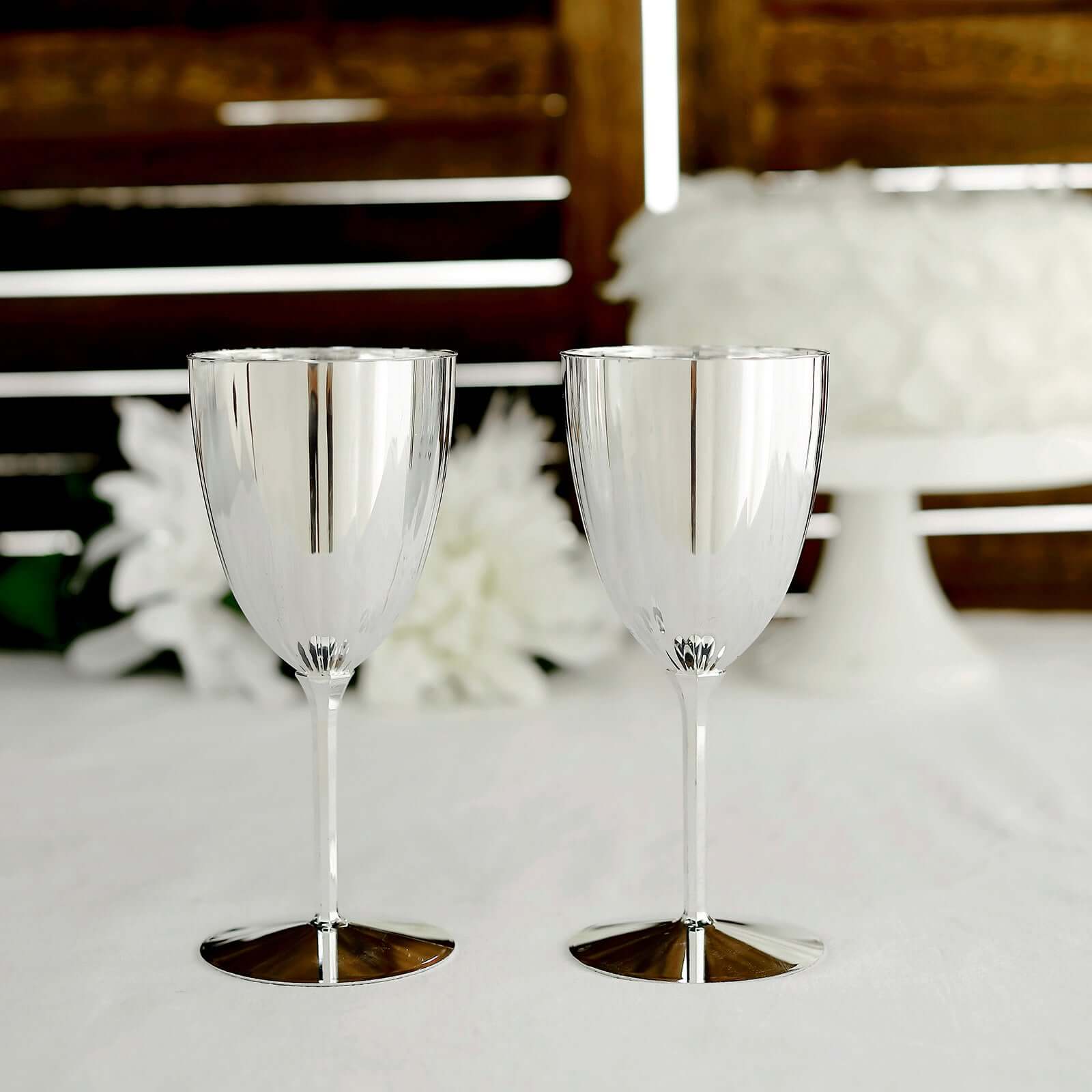 6-Pack Plastic Wine Glasses in Metallic Silver - Classy Disposable Goblets for Parties, Receptions & Banquets 8oz