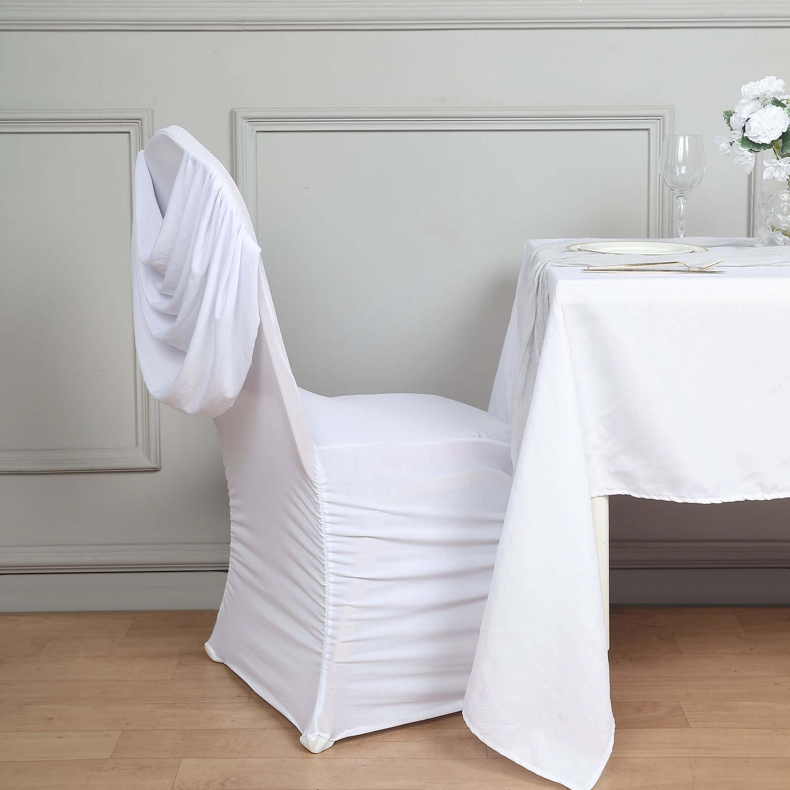 Spandex Chair Cover with Ruched Swag Back and Foot Pockets for Banquet Chairs White - Stylish Fitted Slipcover for Weddings & Gatherings