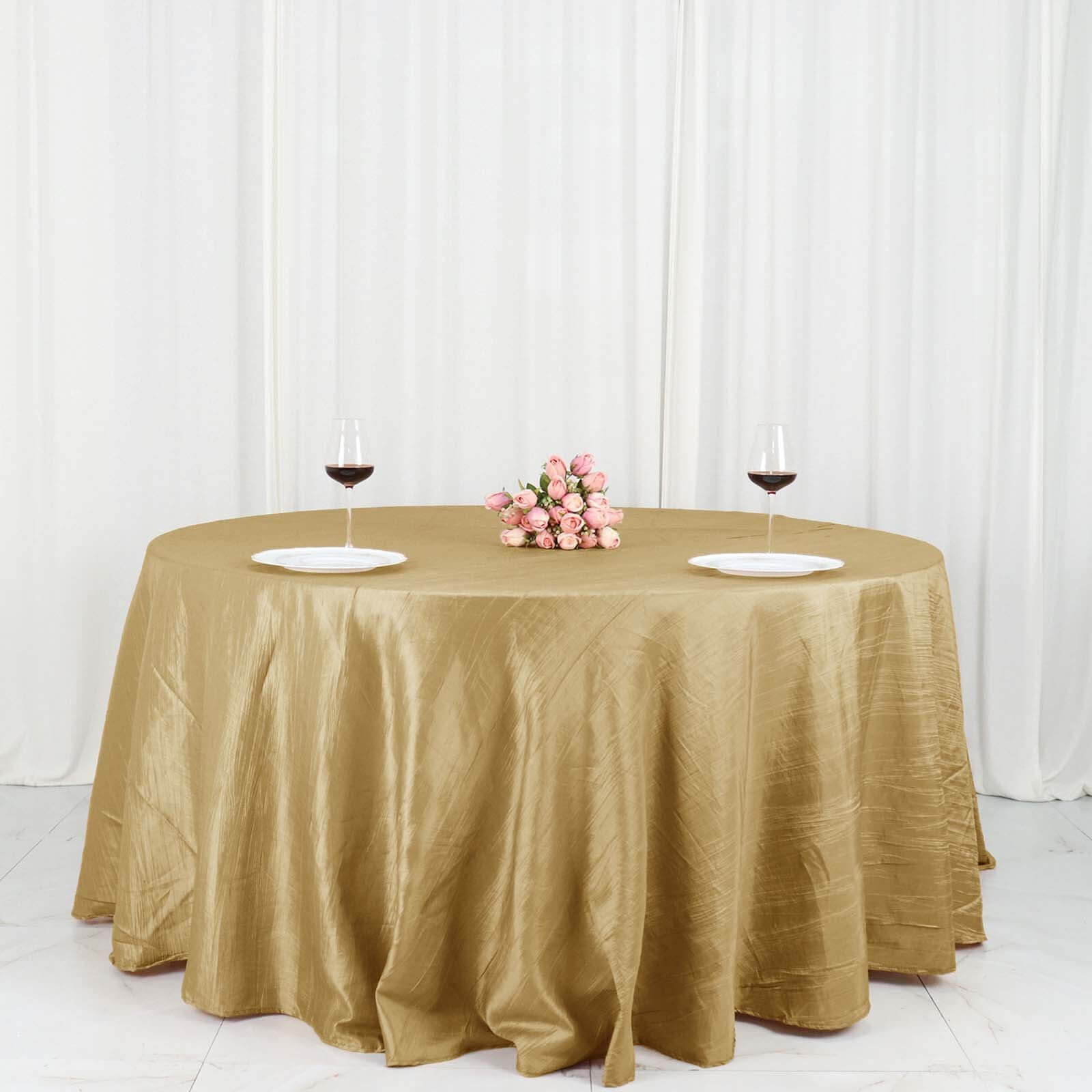 Taffeta 132 Round Tablecloth Gold - Seamless Accordion Crinkle Design for Exquisite Occasions