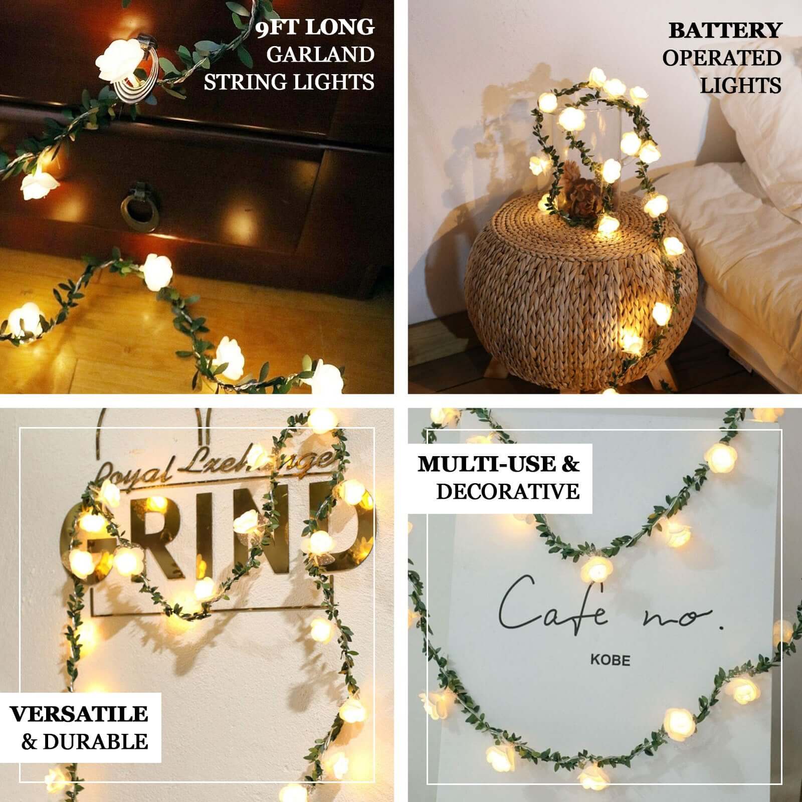 9ft Warm White 20 LED Artificial Rose Lace Flower Garland Vine Lights, Battery Operated String Lights