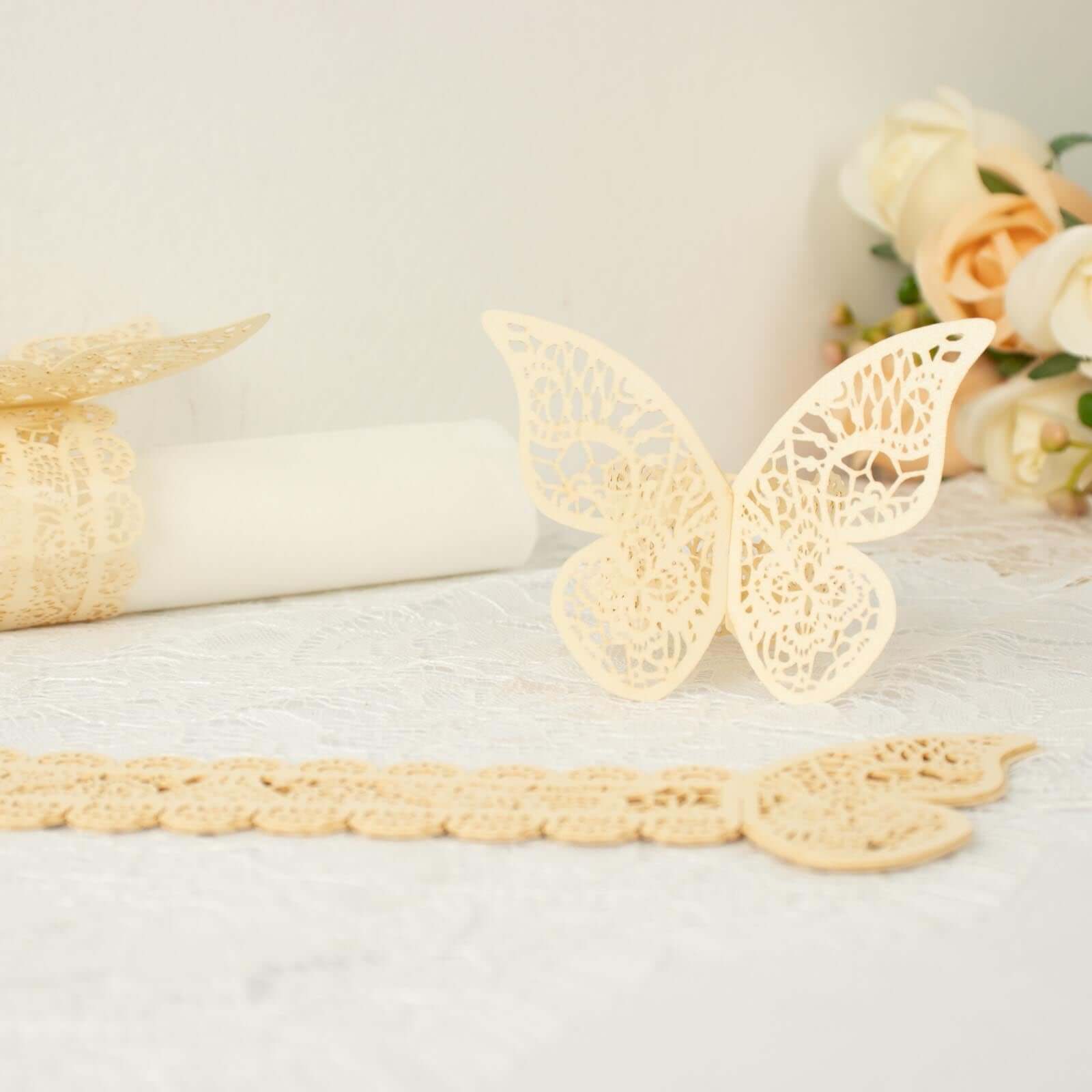 12-Pack Paper Napkin Rings Laser Cut Butterfly Ivory Shimmery - Decorative Serviette Holders