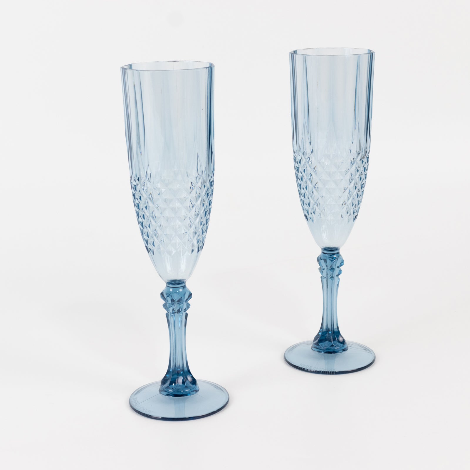 6-Pack Plastic Wedding Toast Flutes Dusty Blue Transparent Crystal Cut Style - Reusable Champagne Glasses 8oz