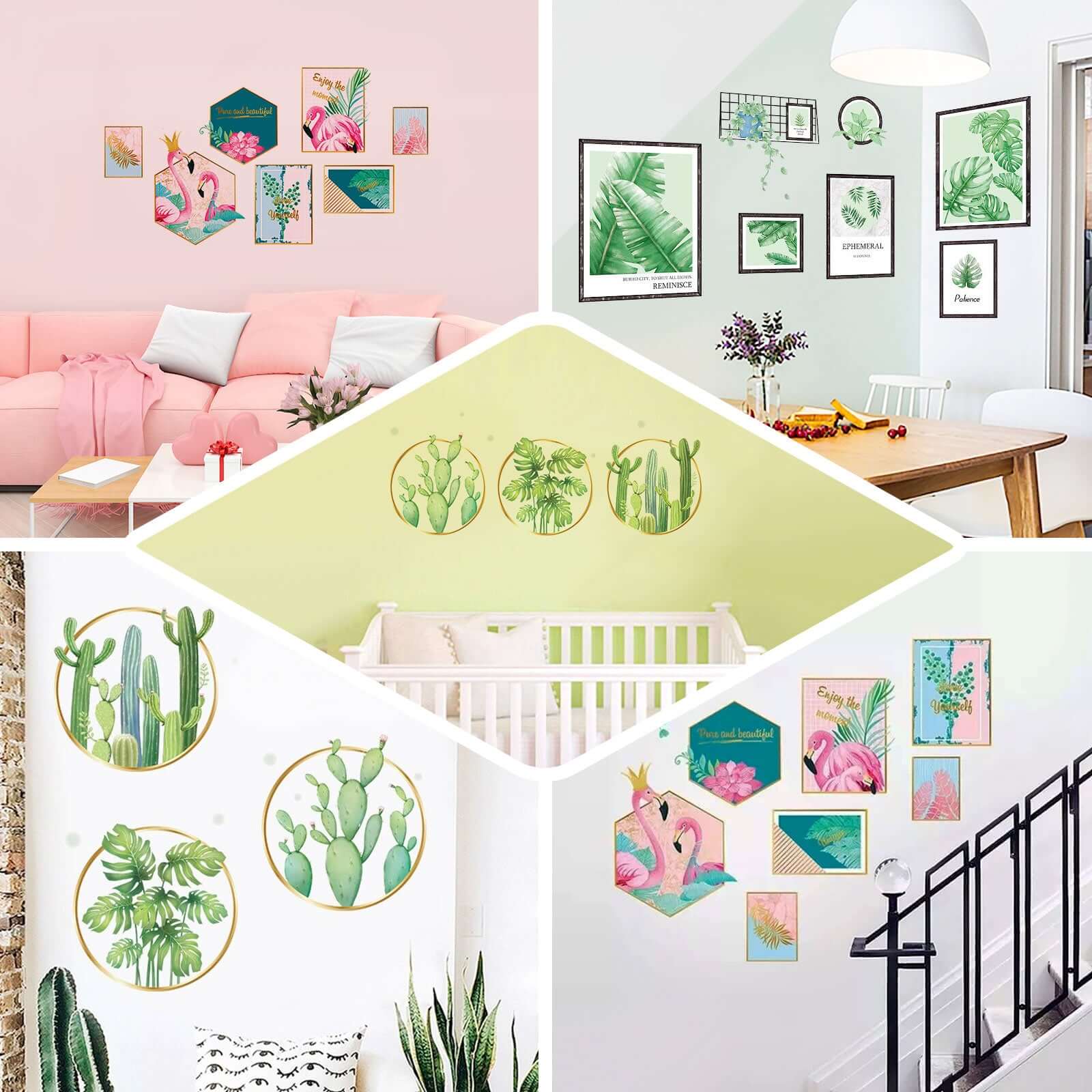 Green Tropical Leaf Plants and Cactus Flat Frame Wall Decals, Decor Stickers