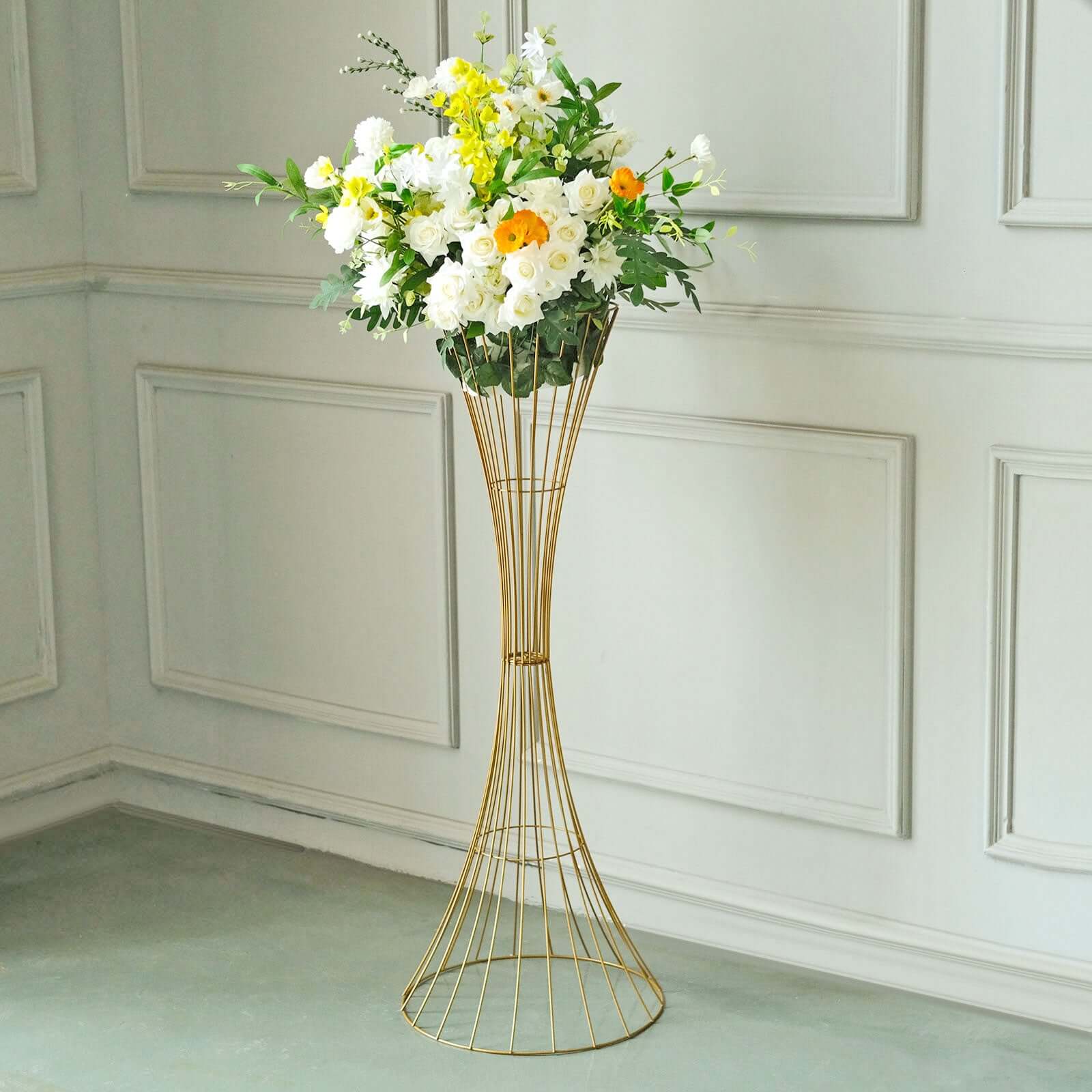 48 Tall Gold Metal Wire Hourglass Flower Frame Stand, Open Frame Reversible Trumpet Centerpiece Stand