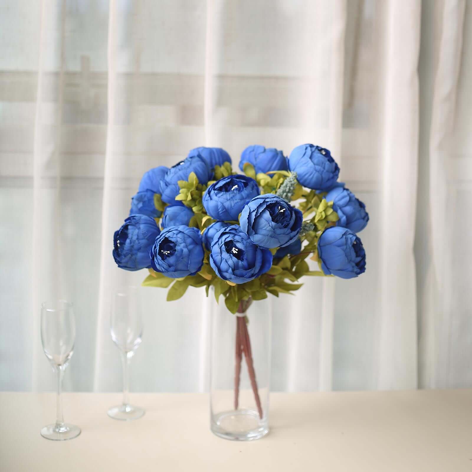 2 Pack 19 Royal Blue Artificial Peony Flower Wedding Bouquets, Faux Silk Flower Arrangements