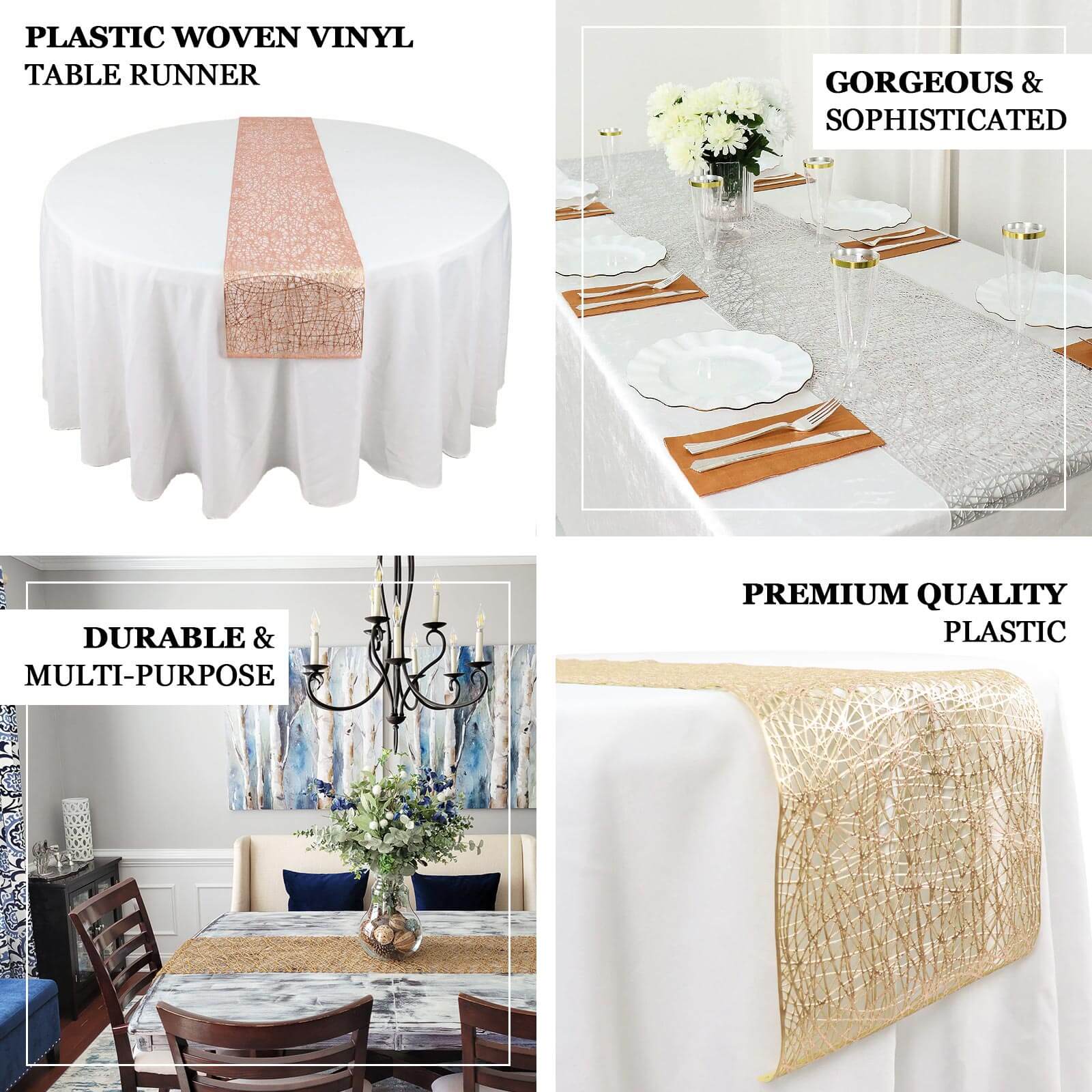 Plastic Woven Vinyl 13x6ft Table Runner Metallic Gold - Non-Slip & Reversible Tabletop Decor