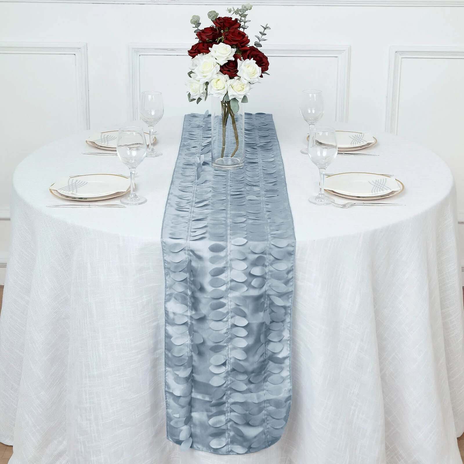 Taffeta Fabric 12x108 Table Runner Dusty Blue - 3D Leaf Petal Design