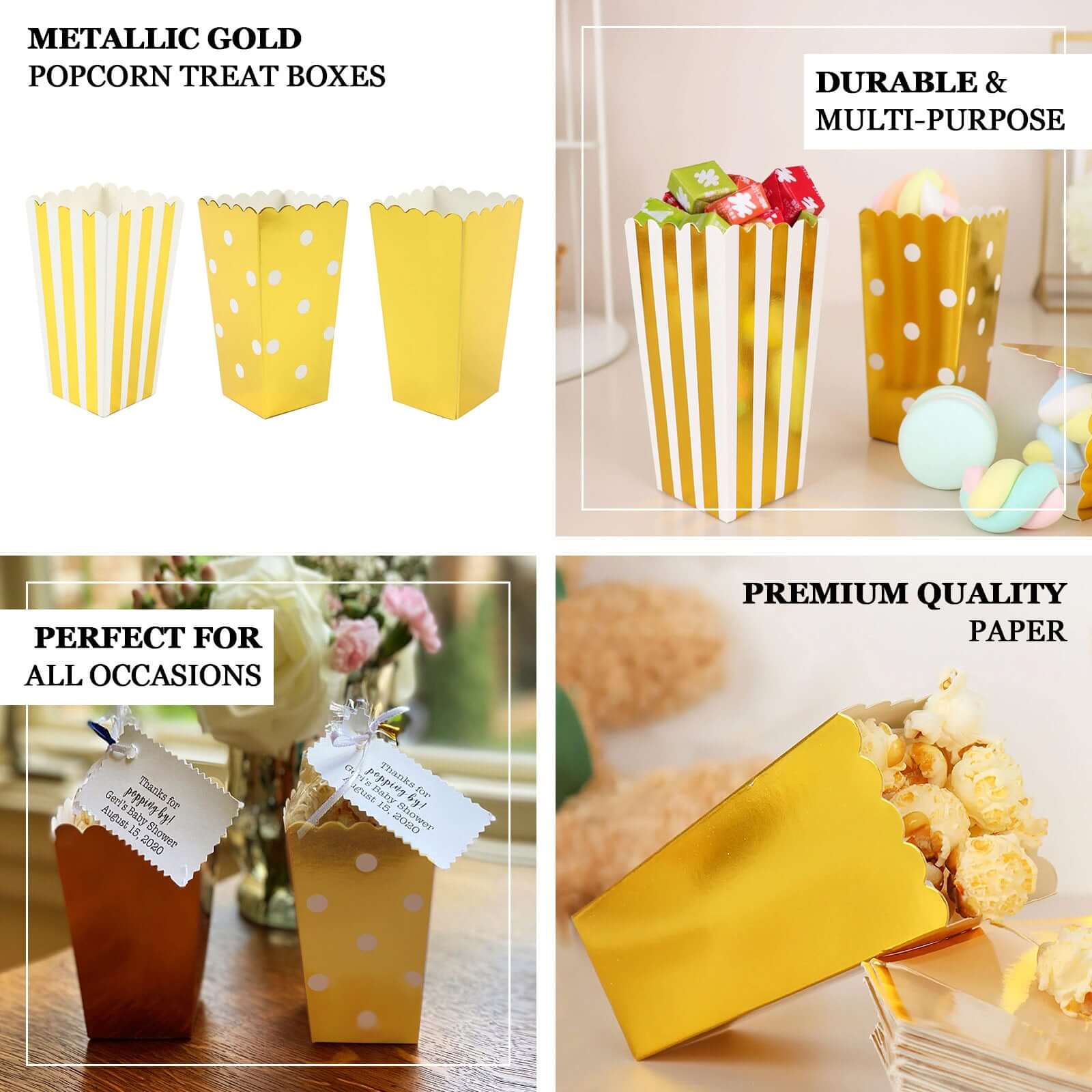 36 Pack 4 White Gold Design Mini Paper Popcorn Boxes, Candy Favor Disposable Bags - Stripe, Polka Dot, Solid Style