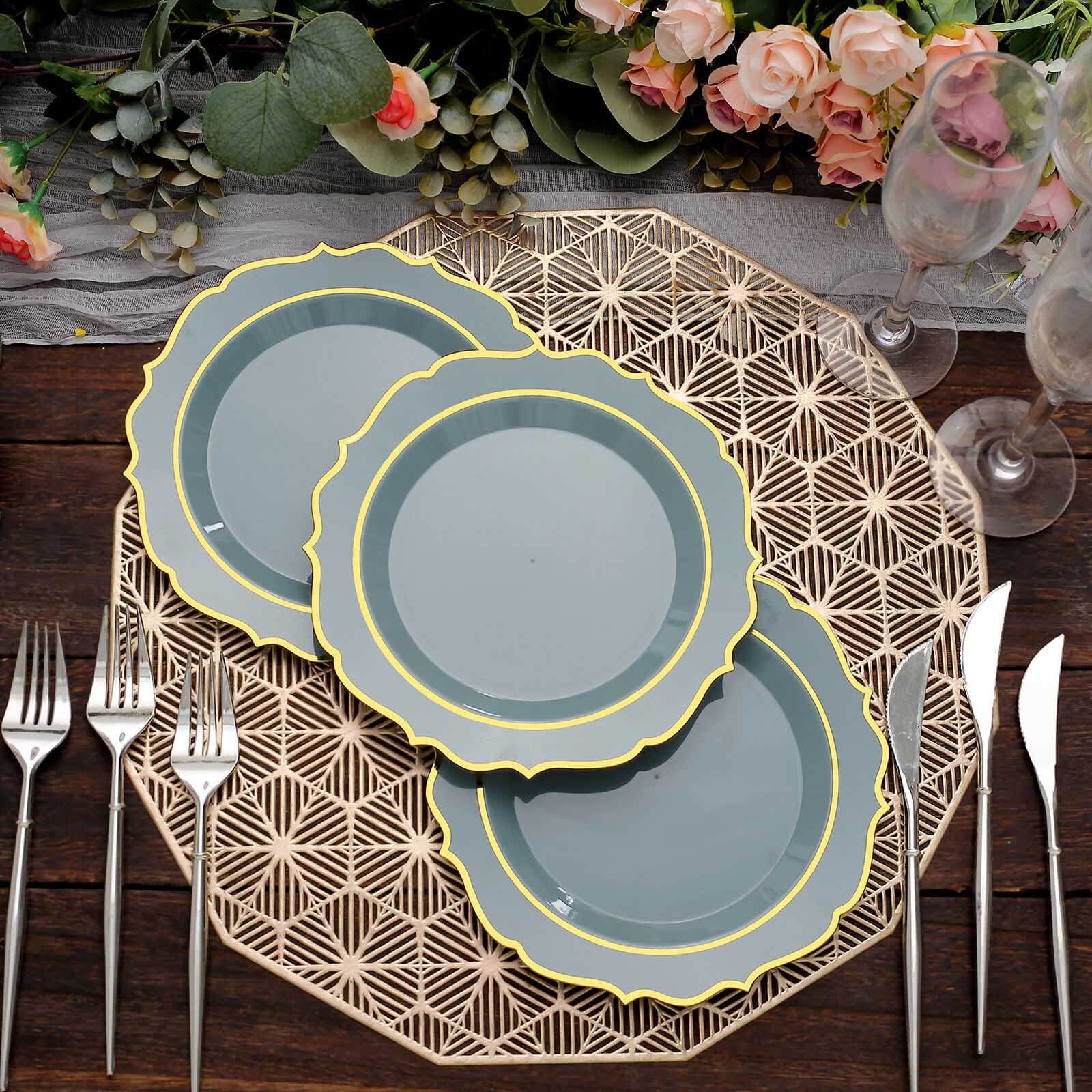 10-Pack Plastic 8 Round Desert Plates in Dusty Blue with Gold Scalloped Rim - Disposable Appetizer/Salad Plates