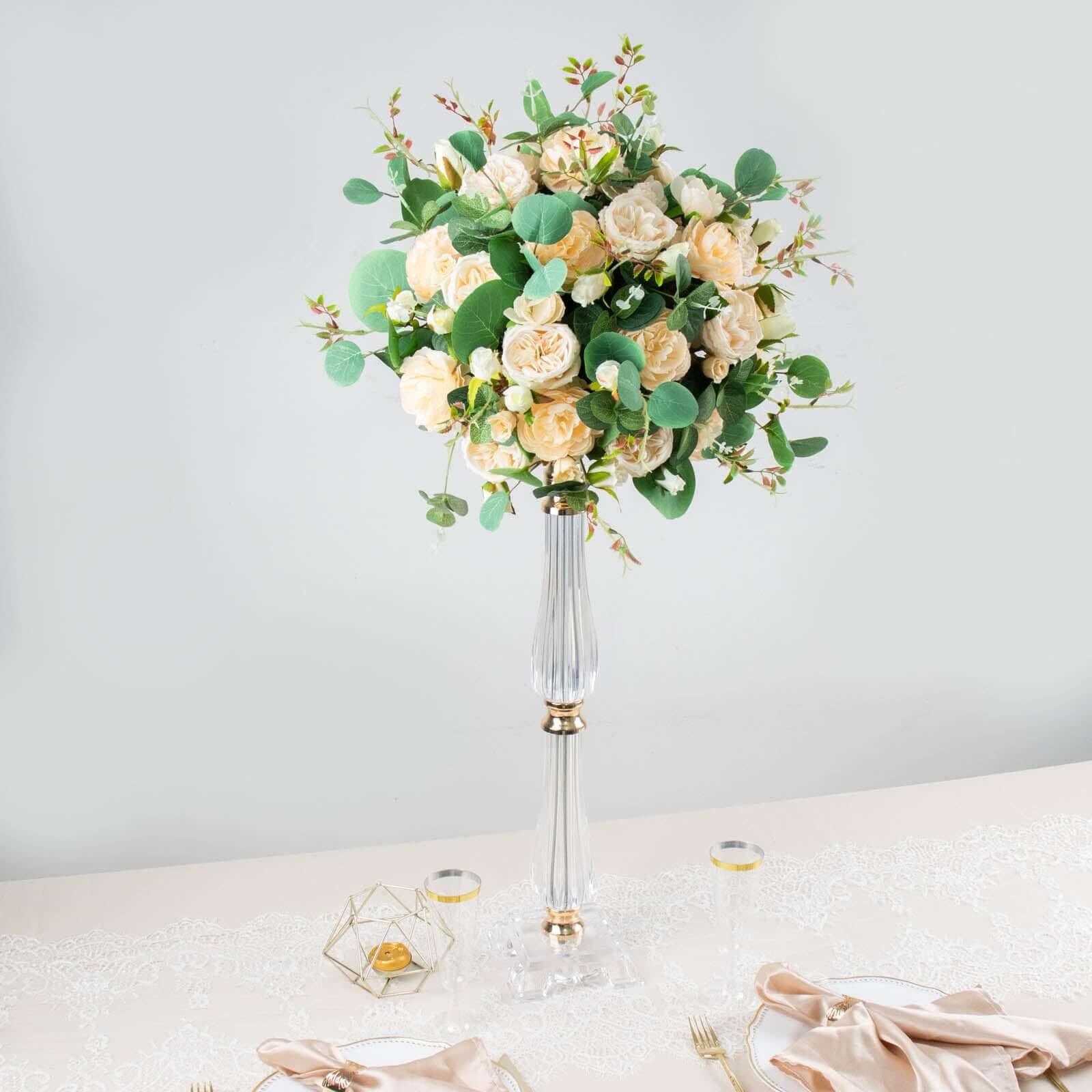 Acrylic Crystal Pillar Candle Stand Gold/Clear - Table Centerpiece and Wedding Flower Bowl Pedestal 24