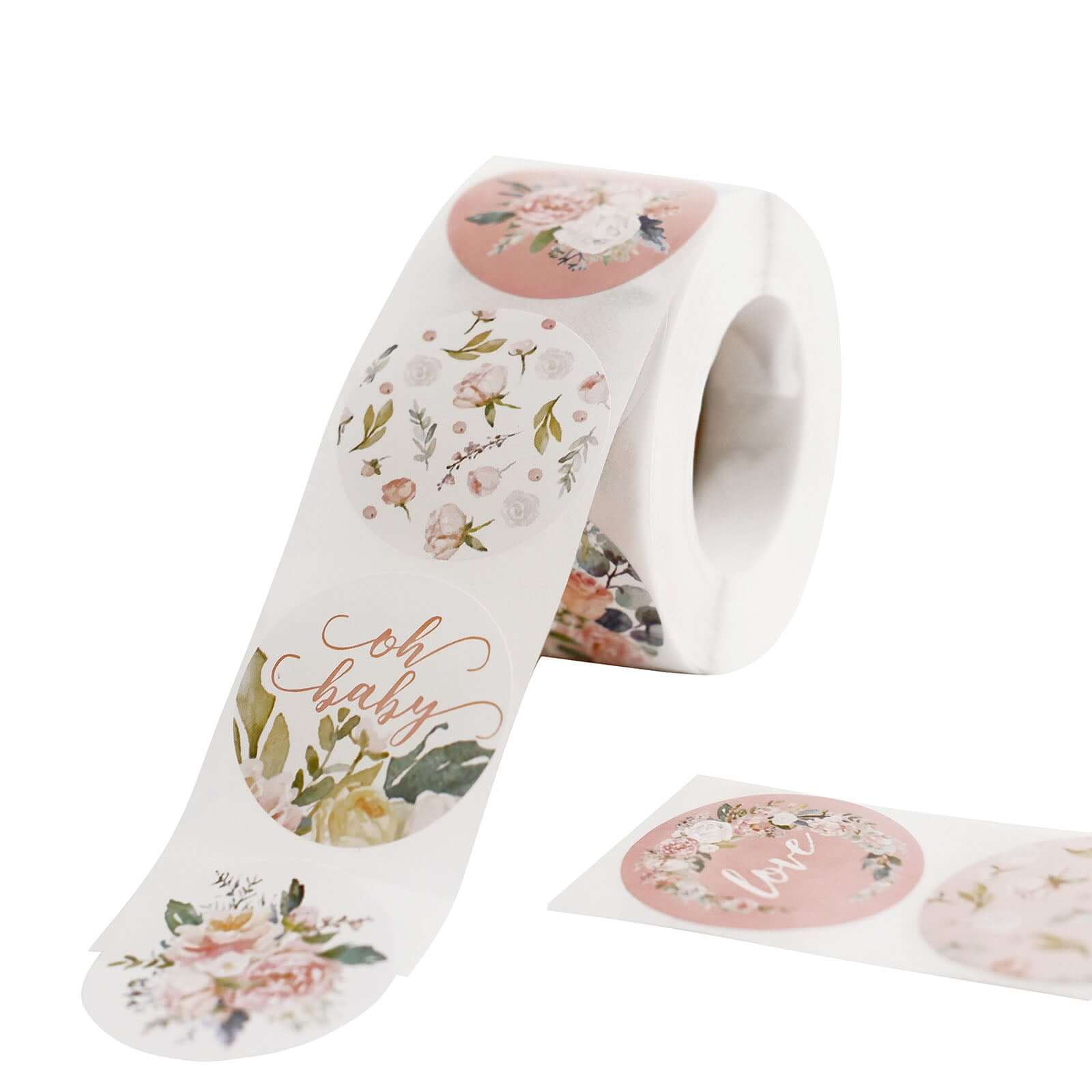 500Pcs 1.5 Baby Shower Love and Oh Baby Floral Stickers Roll, Labels For DIY Envelope Seal - Round