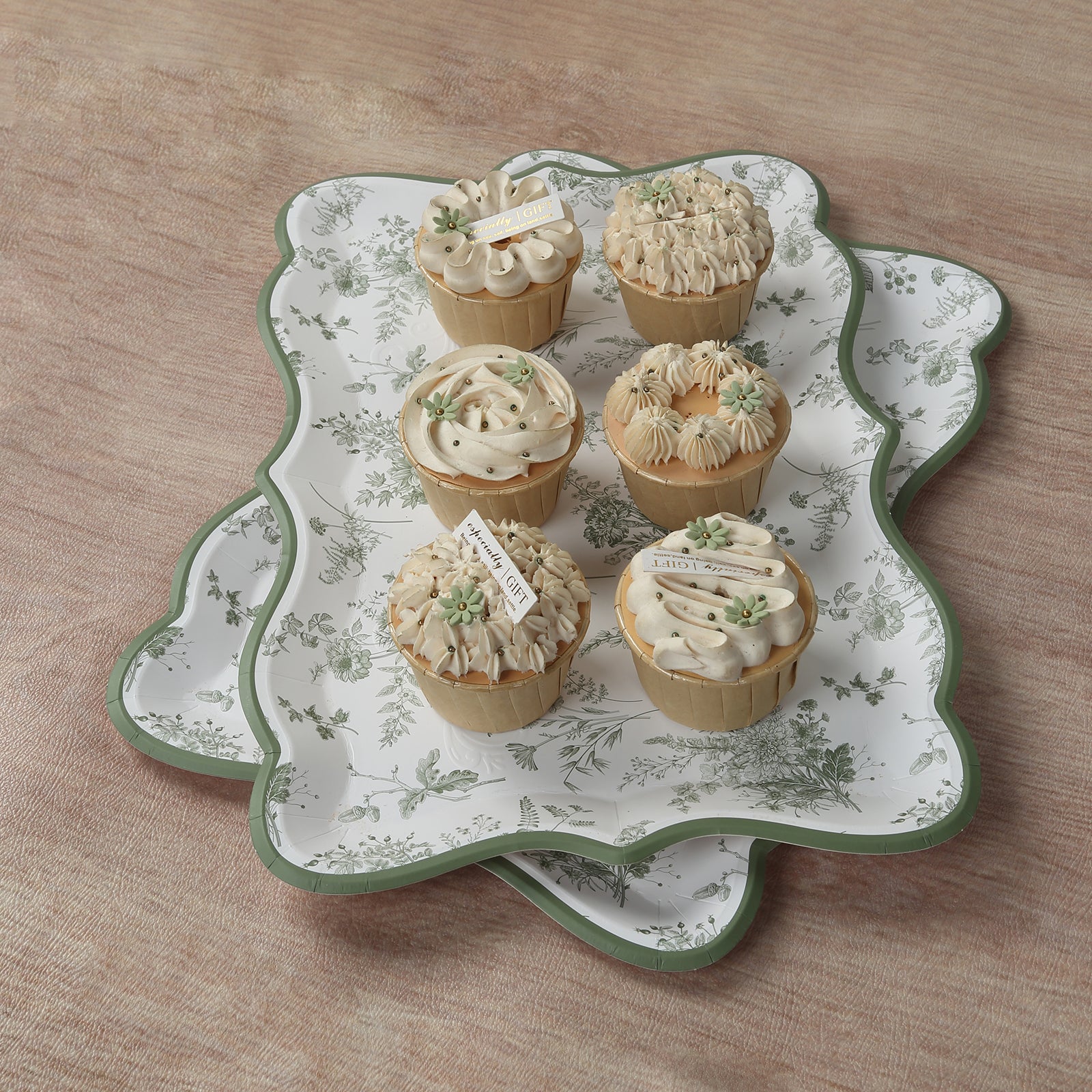 10-Pack Paper 14x10 Rectangle Serving Trays White/Sage Green - Heavy Duty Disposable 400GSM Cardboard Party Platters with French Toile Pattern for Weddings & Parties