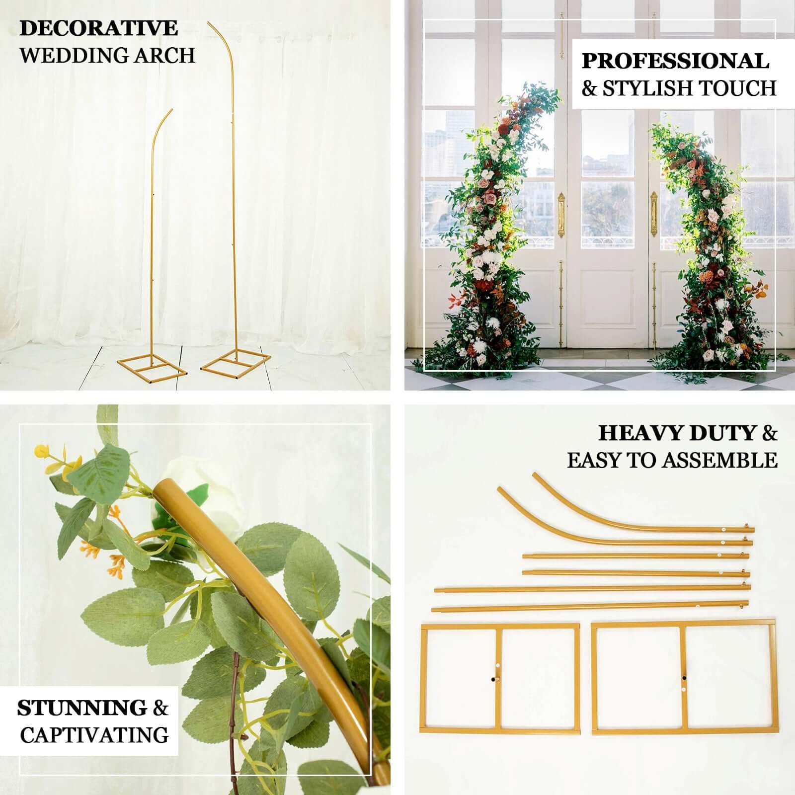 Set of 2 Gold Metal Curved Top Balloon Flower Backdrop Stands, Wedding Arch Frames - 6ft, 8ft