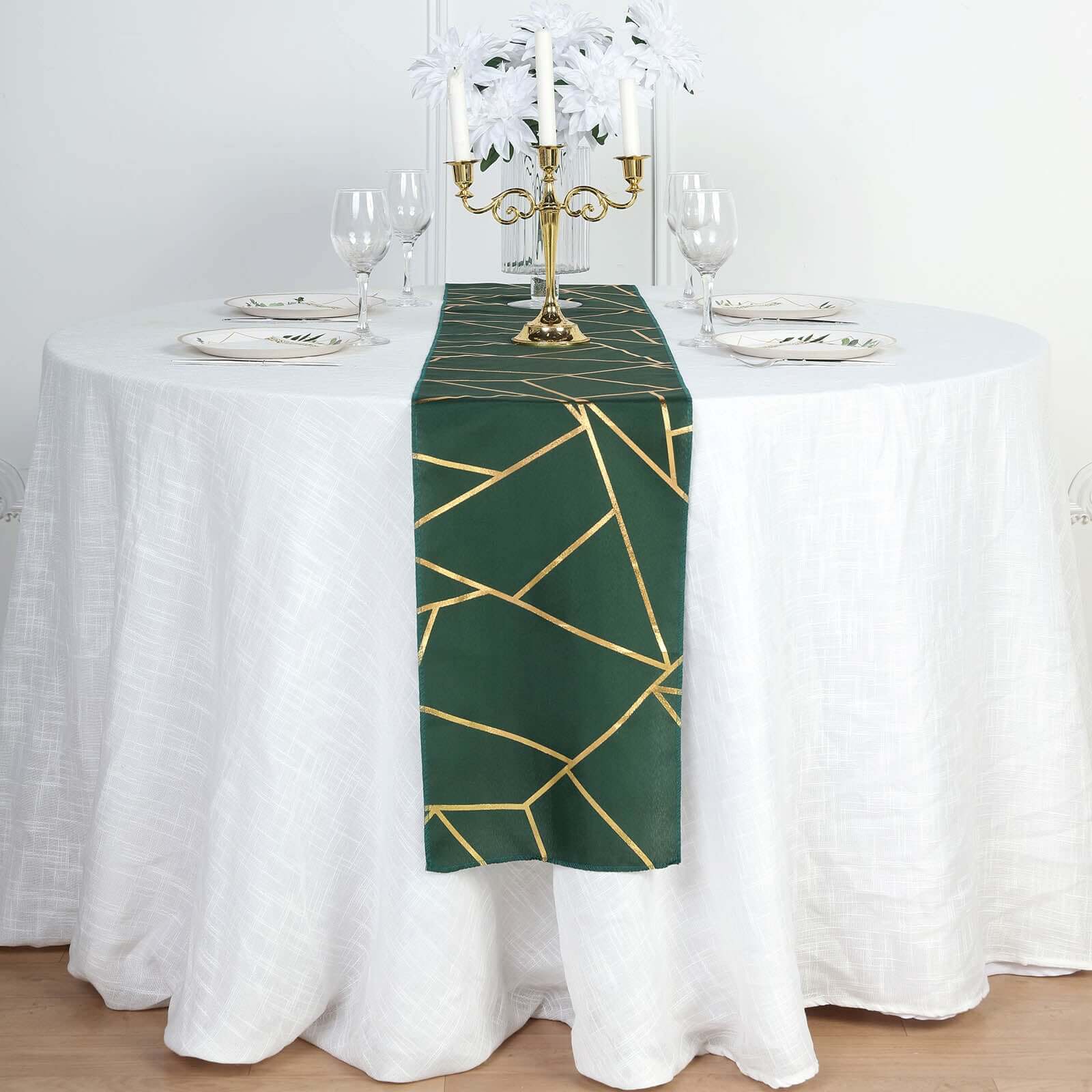 Polyester 9ft Table Runner Hunter Emerald Green with Gold Foil Modern Geometric Accent