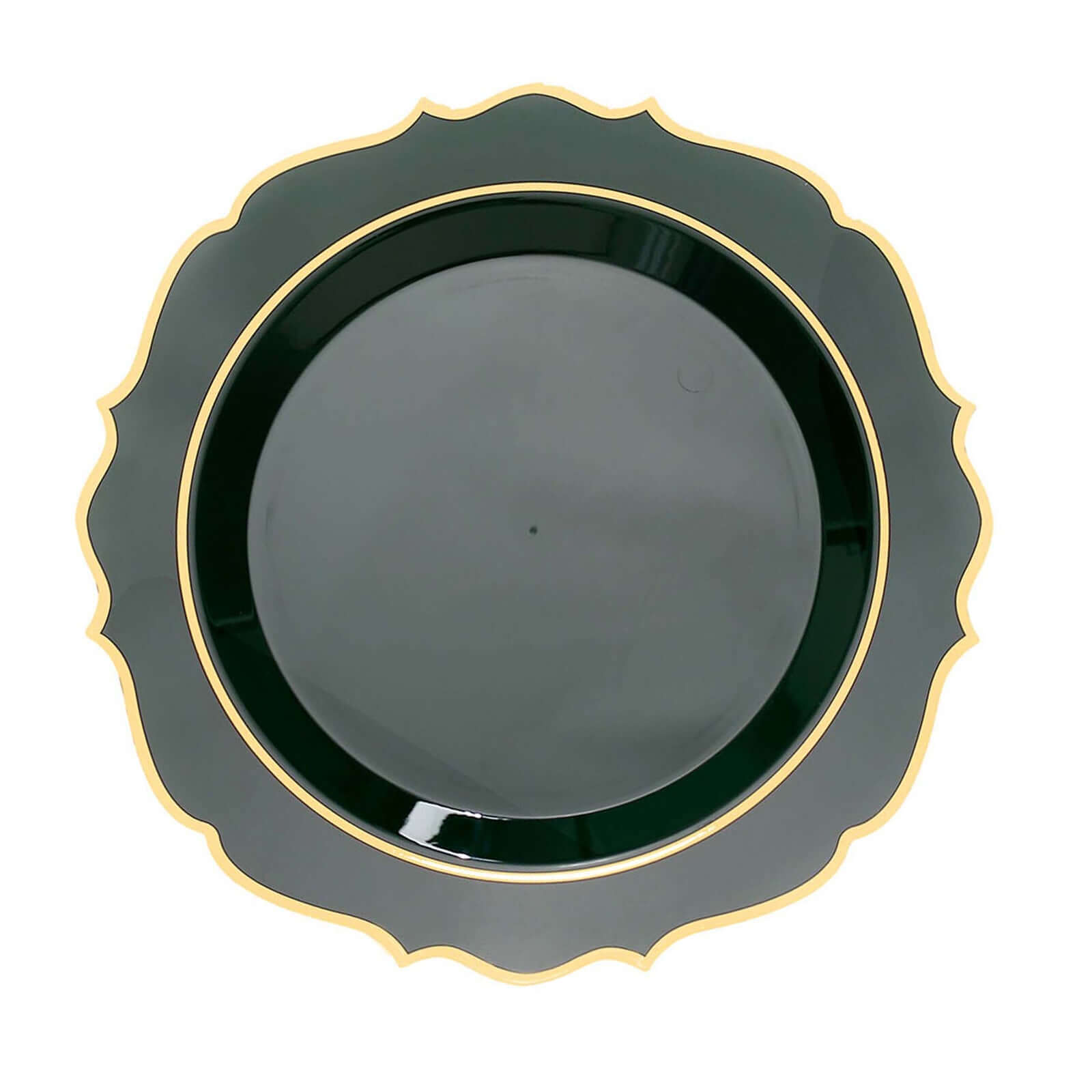 10-Pack Plastic 10 Round Dinner Plates in Hunter Emerald Green with Gold Scalloped Rim - Disposable Party Plates