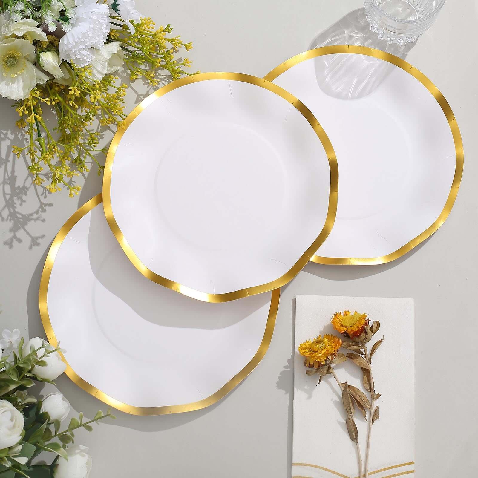 25-Pack Paper Round Dessert Plates 8 Matte White with Gold Wavy Rim - Disposable 350GSM Salad Plates for Banquets & Upscale Gatherings