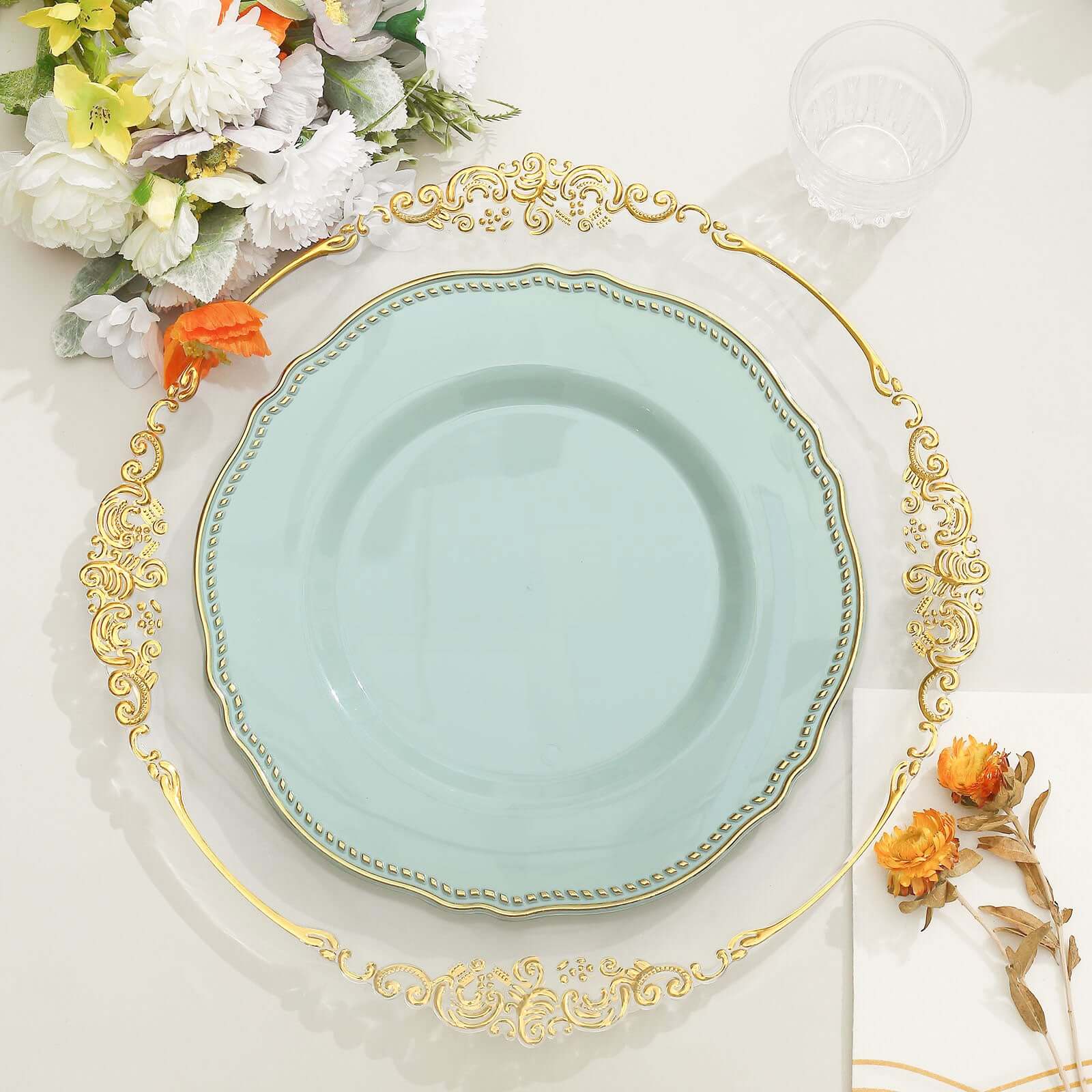 10-Pack Plastic 10 Dinner Plates in Jade with Gold Scalloped Rim - Disposable Large Party Plates