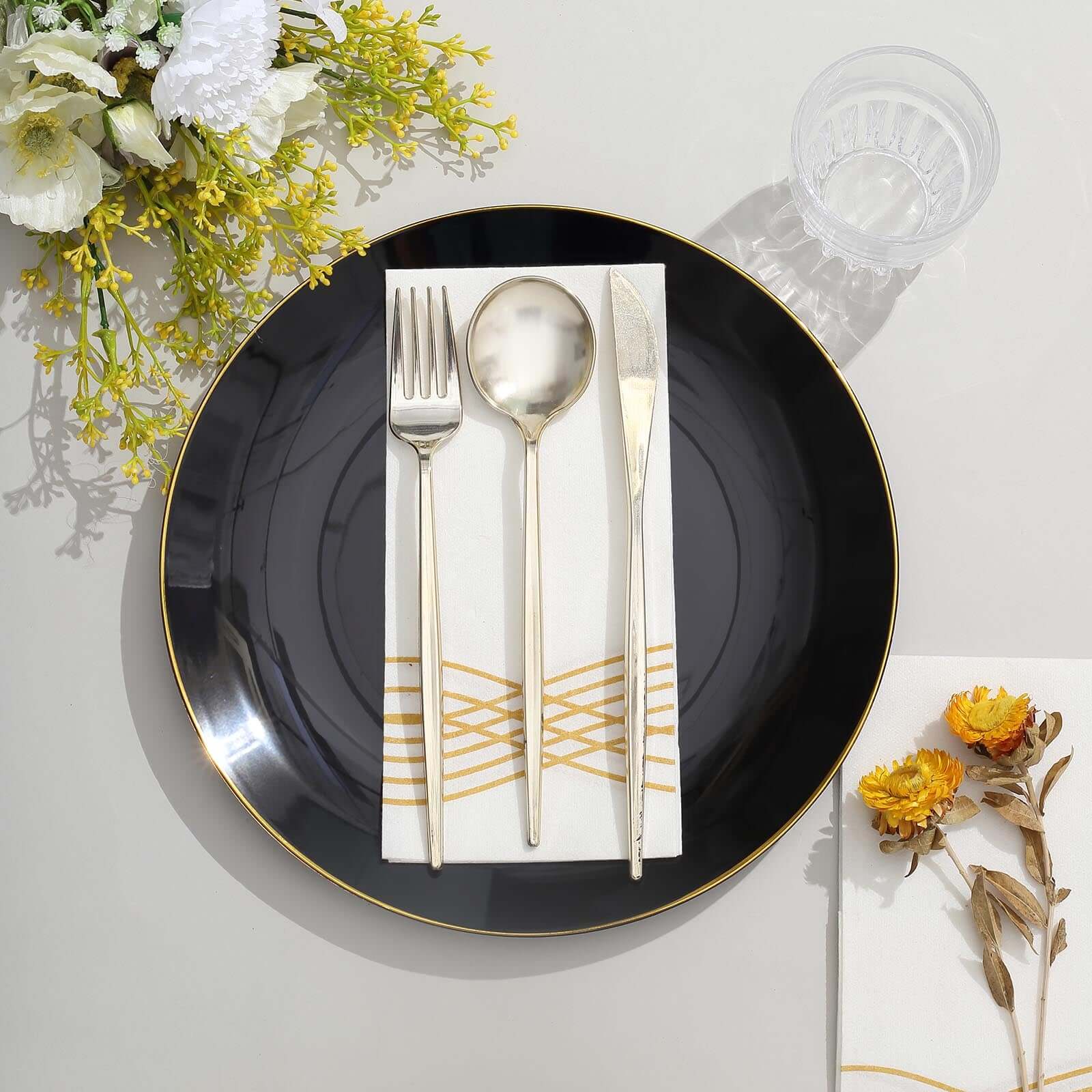 10-Pack Plastic 10 Round Dinner Plates in Black with Gold Rim - Glossy Disposable Party Plates