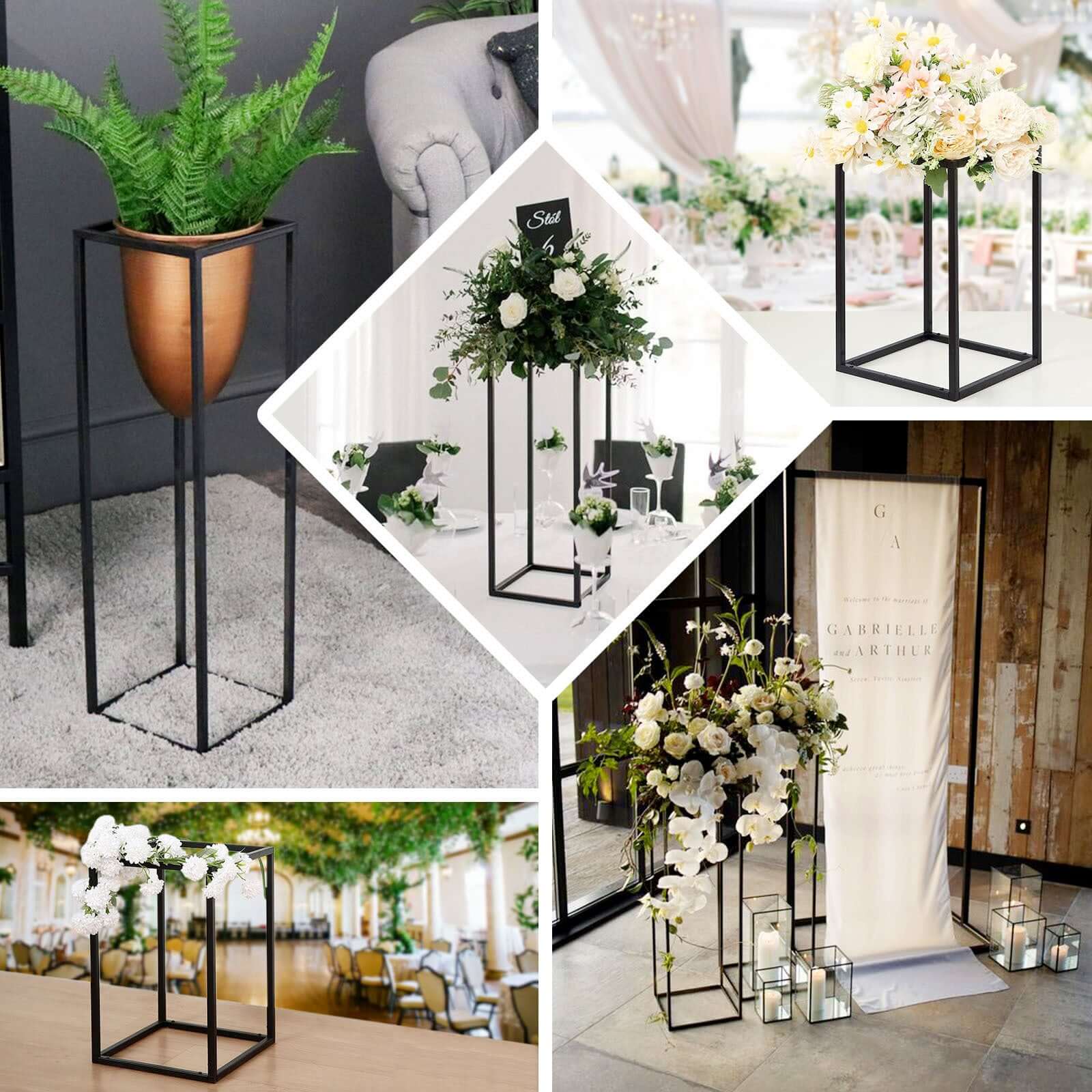 2-Pack Wedding Flower Stand Matte Black Metal Geometric Column Frame Rectangular - Versatile Floral Pedestal for Upscale Arrangements 48