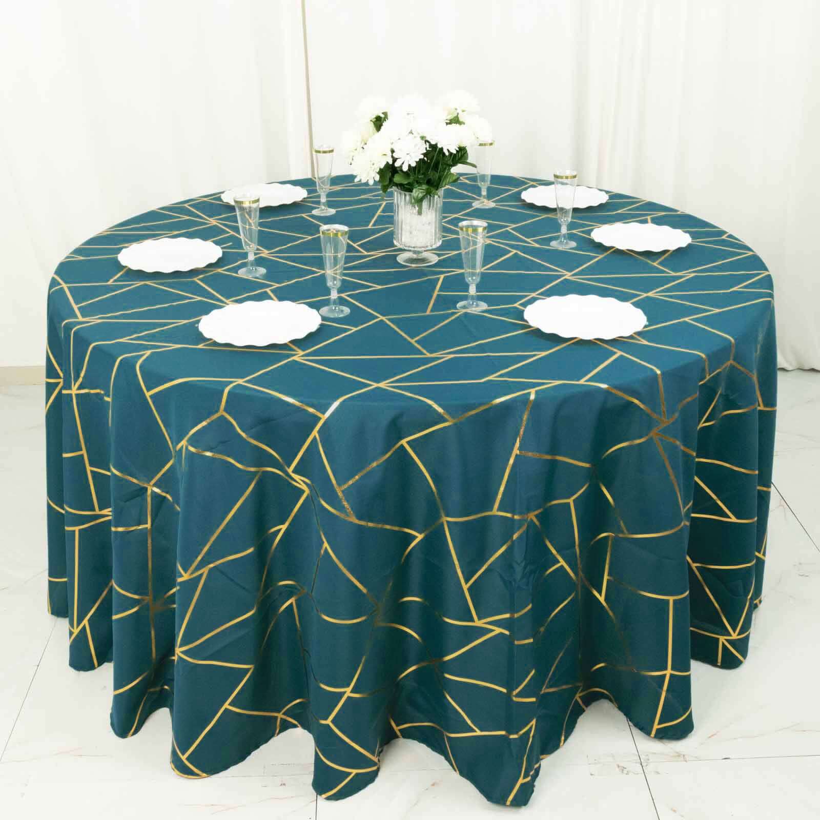 120 Peacock Teal Seamless Round Polyester Tablecloth With Gold Foil Geometric Pattern for 5 Foot Table With Floor-Length Drop