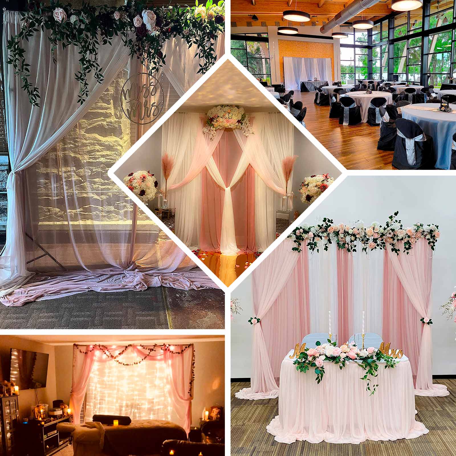 Blush Chiffon Polyester Event Curtain Drapes, Dual Layer Divider Backdrop Curtain Panels with Rod Pockets - 10ftx10ft