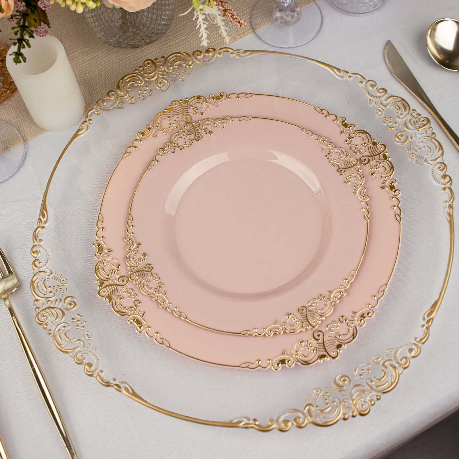 10-Pack Plastic 10 Round Dinner Plates in Blush with Gold Leaf Embossed Rim - Disposable Vintage Baroque Style Plates