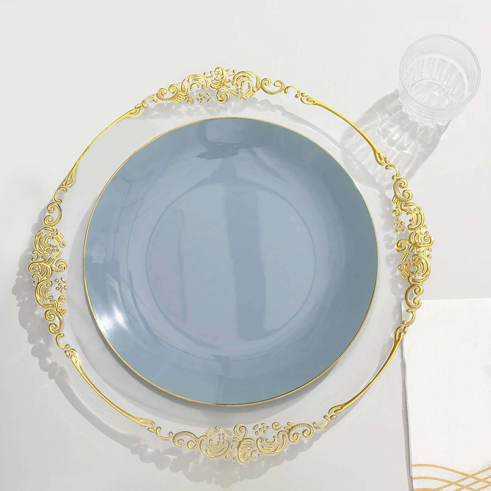 10-Pack Plastic 10 Round Dinner Plates in Dusty Blue with Gold Rim - Glossy Disposable Party Plates