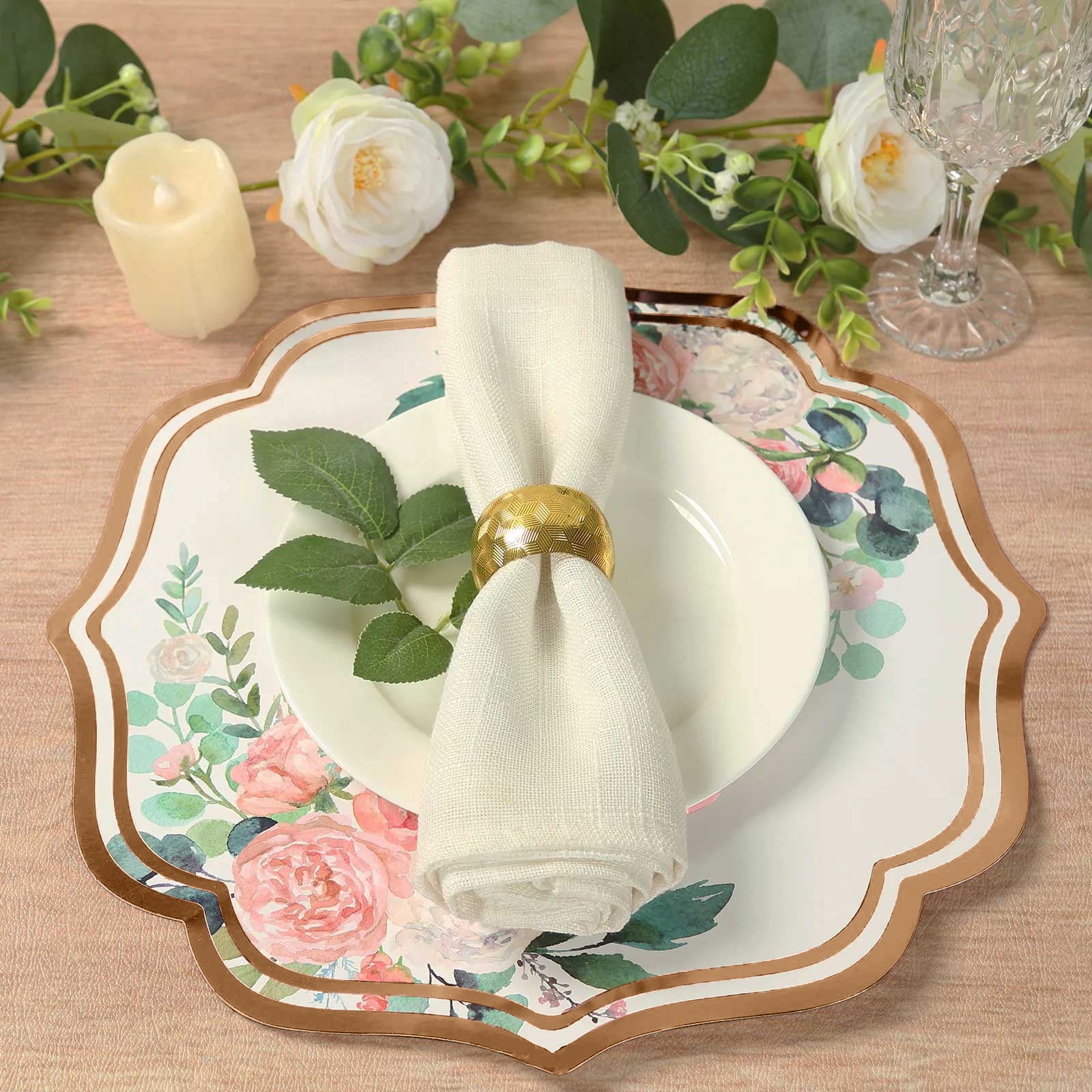 10-Pack Disposable Table Placemats in White with Peony Flowers Print & Rose Gold Scalloped Rim - Floral Cardboard Placemats for Dinner Parties & Gatherings 13