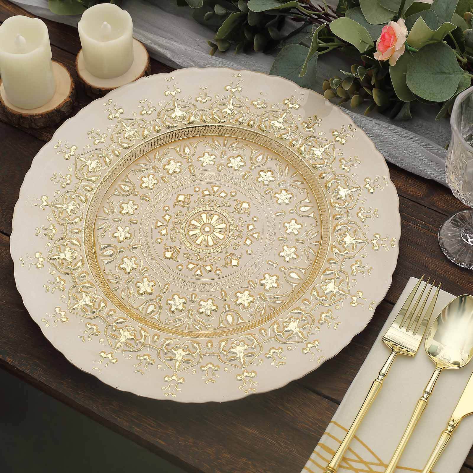 8-Pack Glass Round Charger Plates 13 in Gold with Monaco Style Ornate Design, Classy Decorative Dinner Chargers