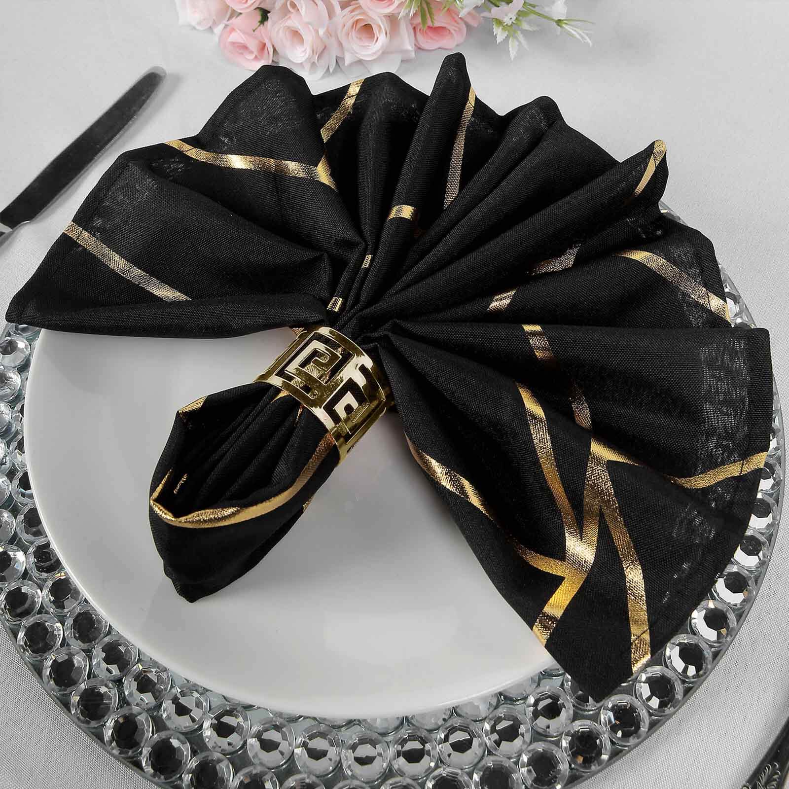 5 Pack Polyester 20x20 Napkins Black with Gold Geometric Foil Pattern - Modern Reusable Dinner Napkins