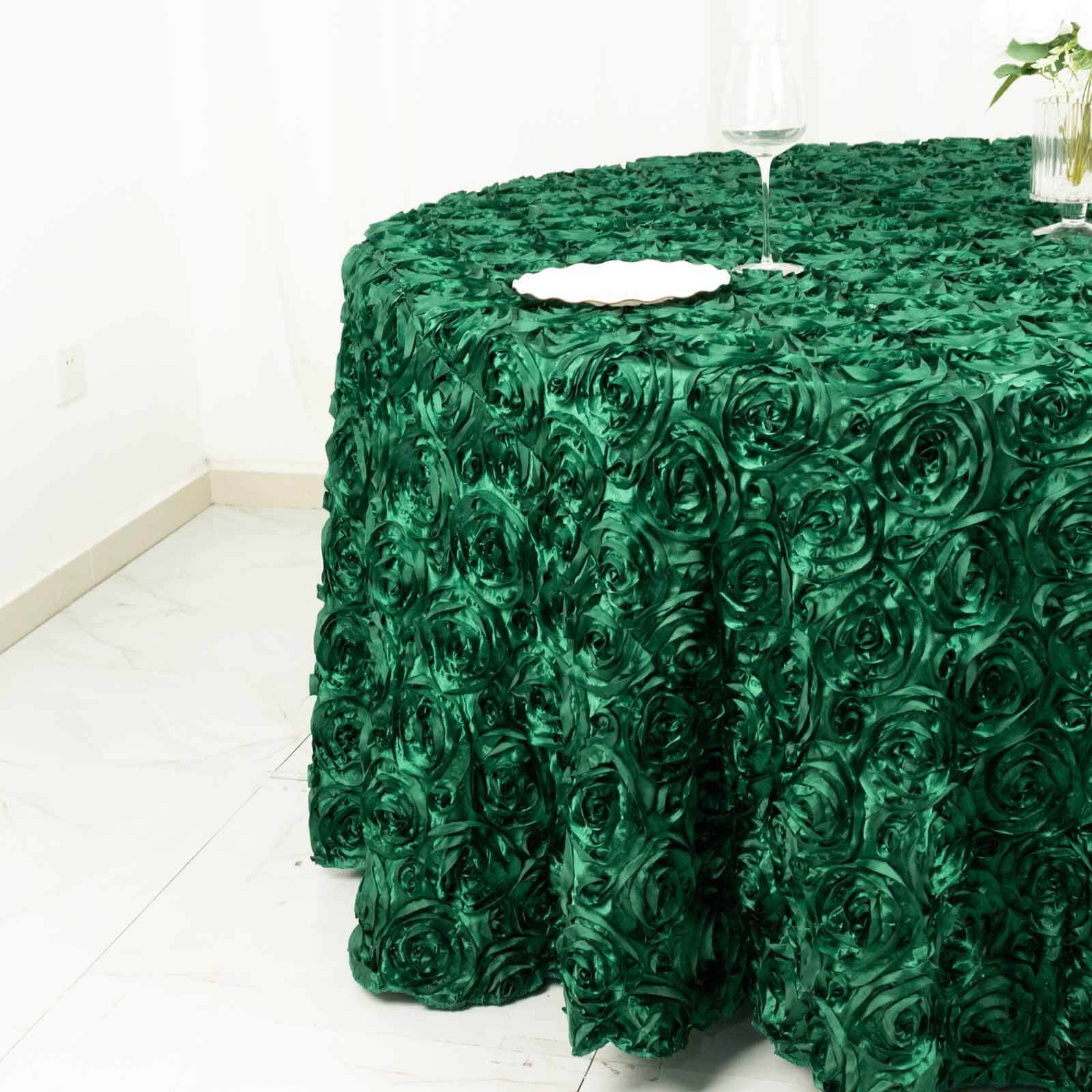 Satin 120 Round Tablecloth Hunter Emerald Green - Grandiose 3D Rosette with Seamless Finish Table Cover