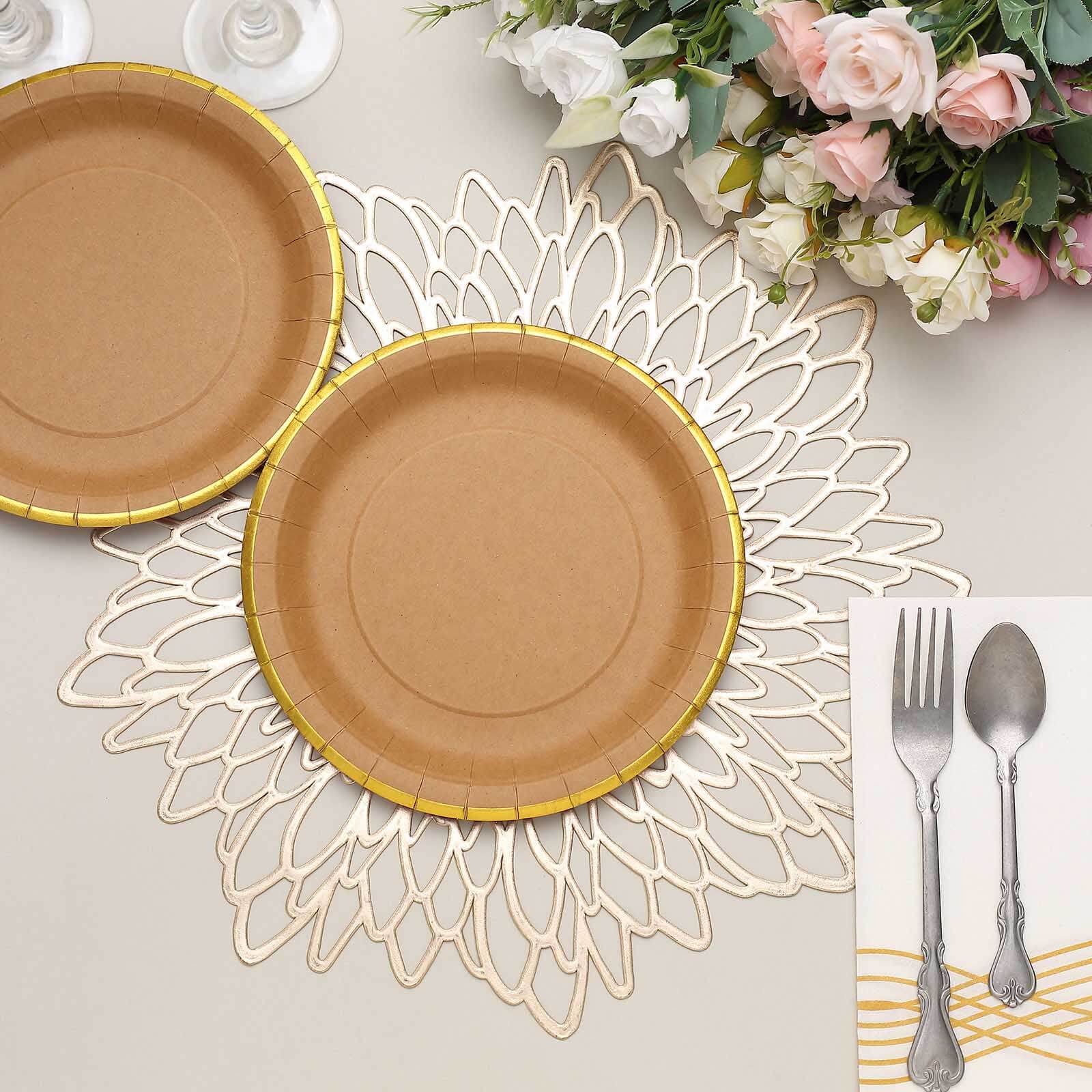 25-Pack Kraft Paper 8 Round Dessert Plates in Natural Brown with Gold Lined Rim - Disposable Salad Appetizer Plates for Rustic & Vintage Inspired Events