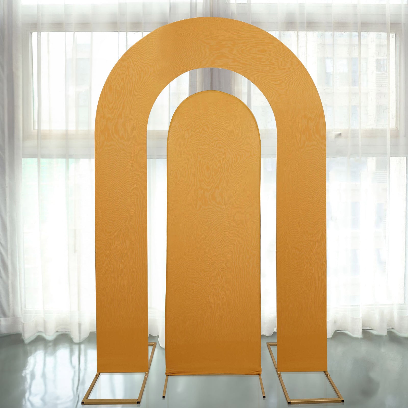 Set of 2 Gold Spandex Fitted Wedding Arch Covers for Round Top and Double Arch Chiara Backdrop Stands - 6ft,8ft