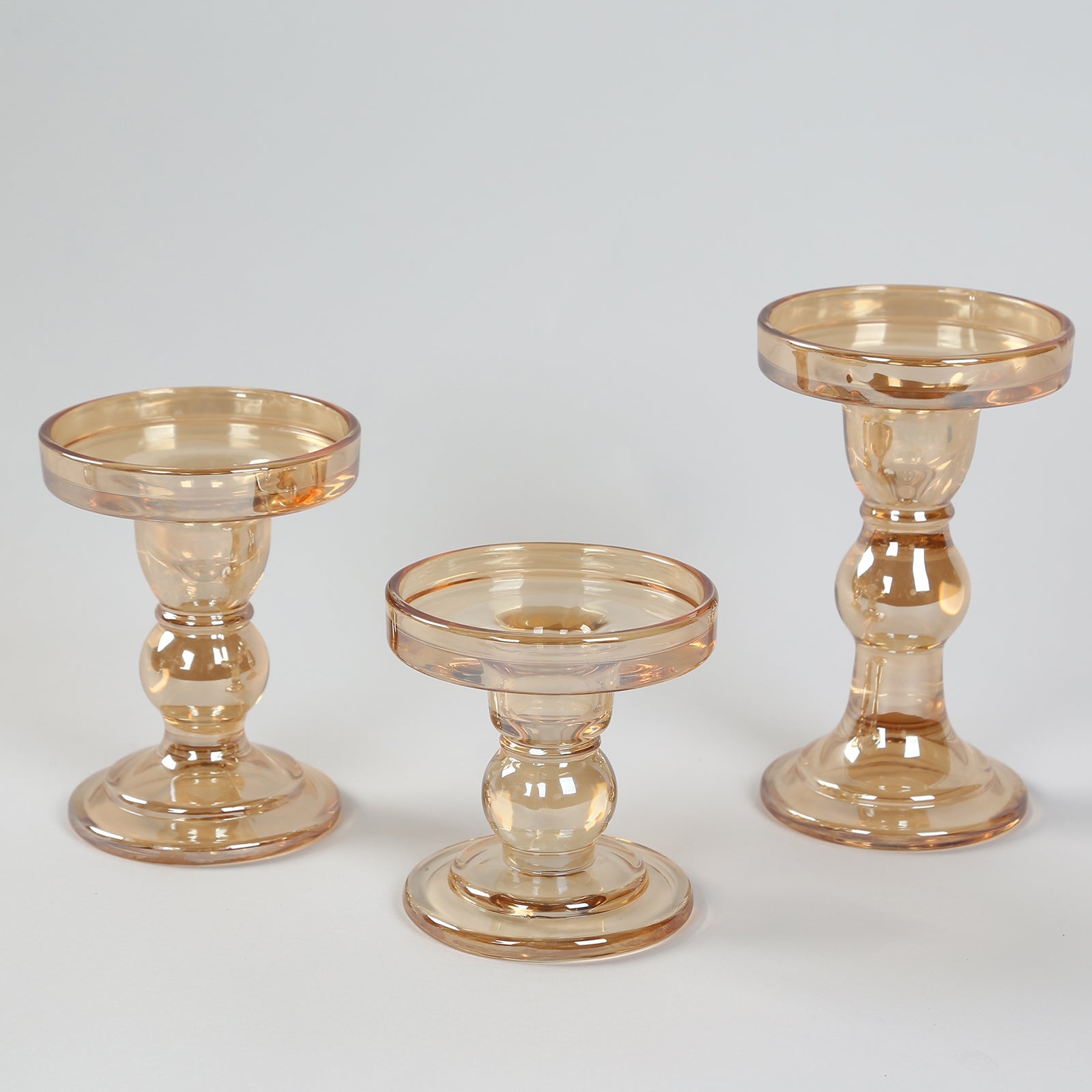 Set of 3 Glass Pillar Candle Holders Amber Gold with Round Tray - Crystal Ball Stem Taper Candlestick Tea Light Stands 3.5, 4.5, 5.5