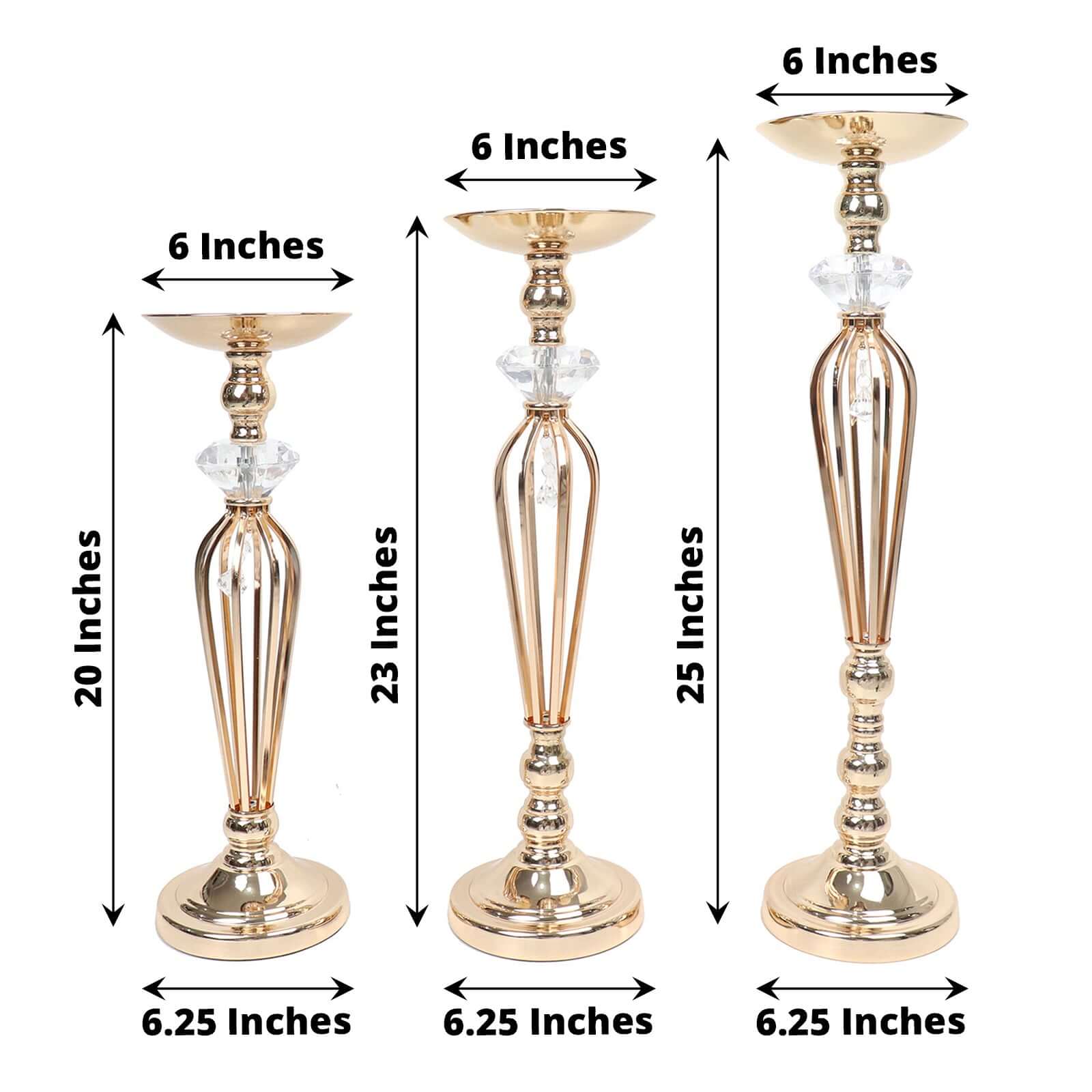 Set of 3 Metal Pedestal Stands with Crystal Ball Flower Bowl Design Gold - Pillar Candle Holders 20, 23, 25